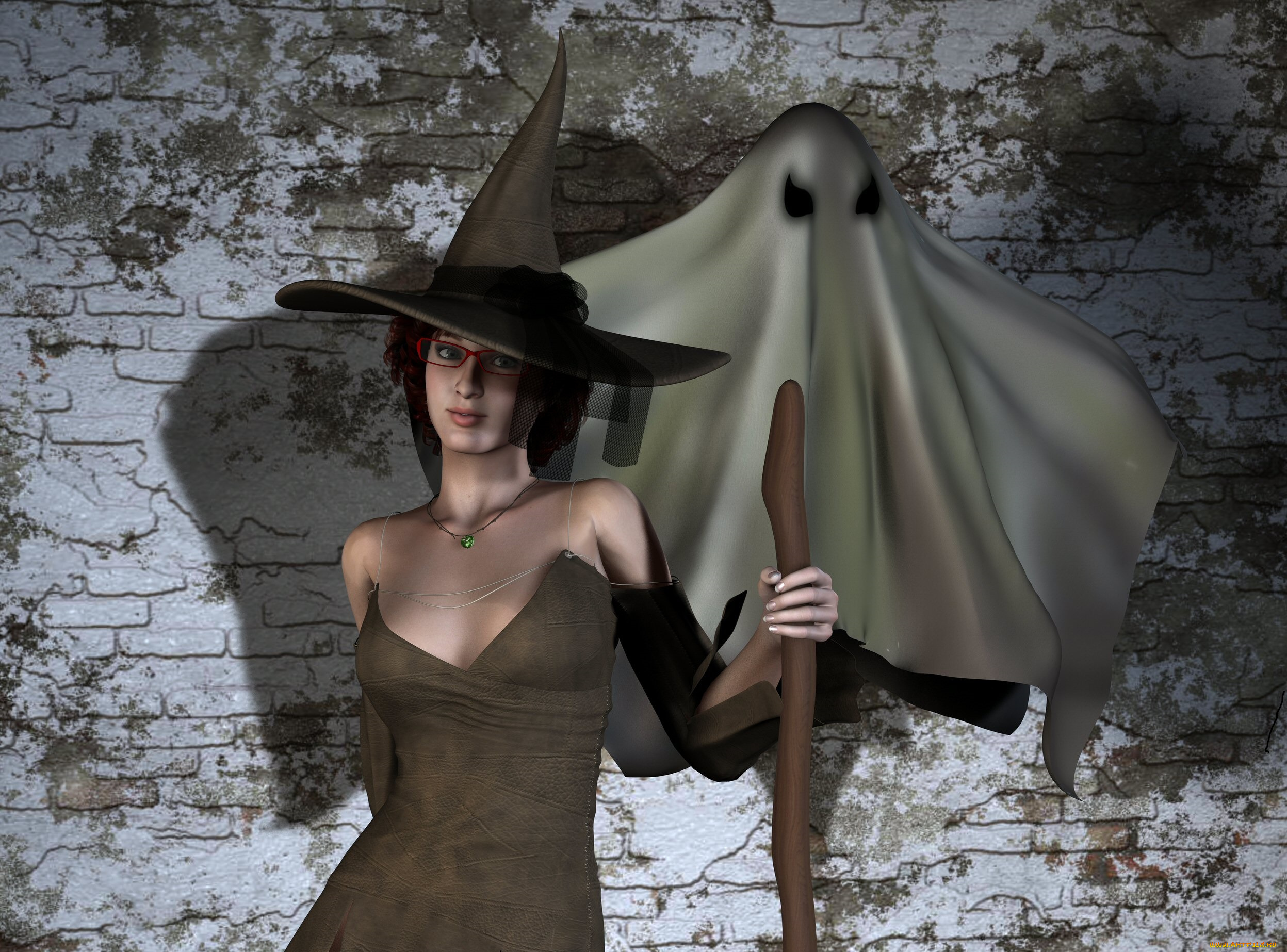 3д, графика, праздники, , holidays, девушка, взгляд, шляпа, посох, привидения, стена