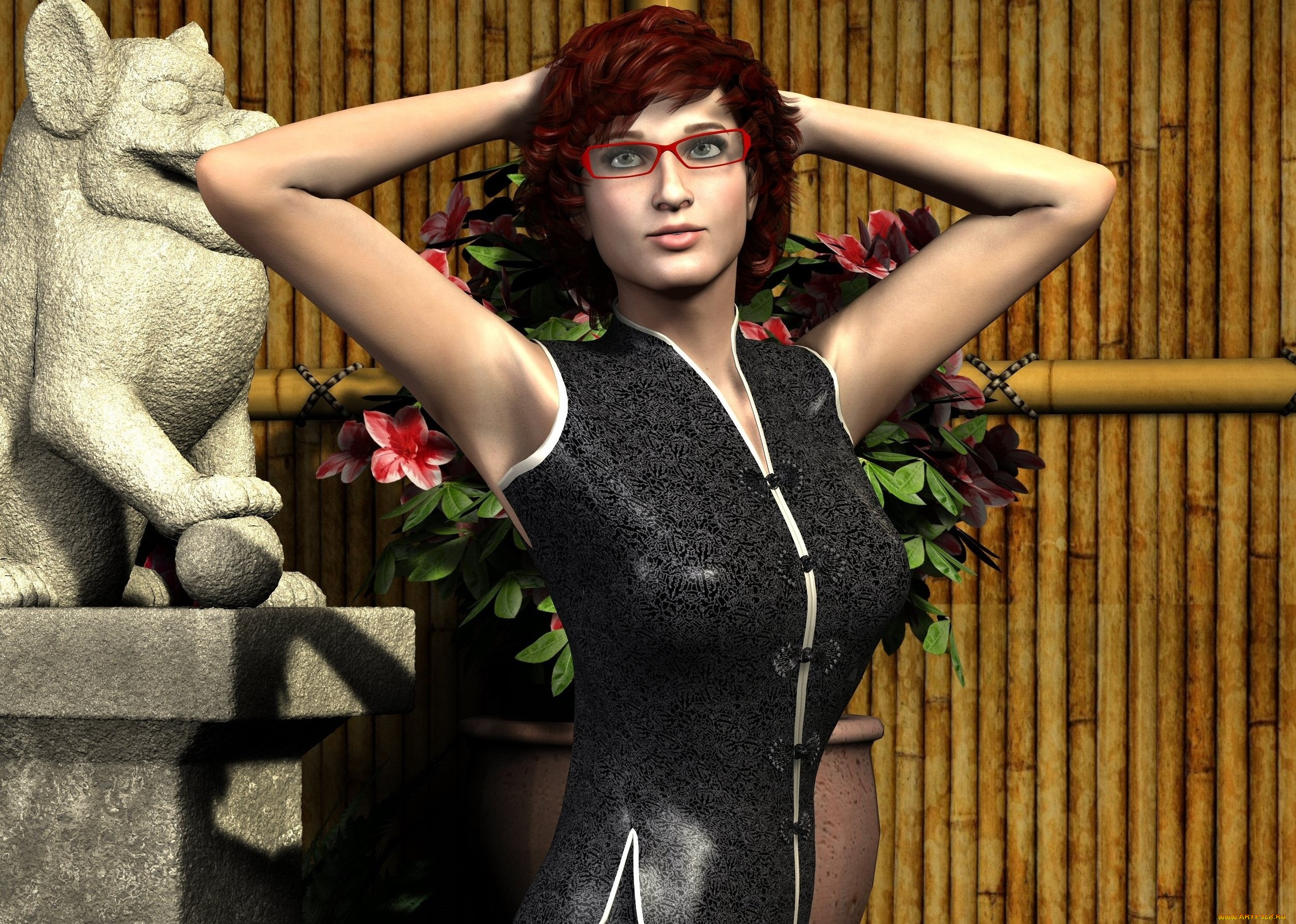 3д, графика, люди, , people, девушка, взгляд, рыжая, цветы, скульптура