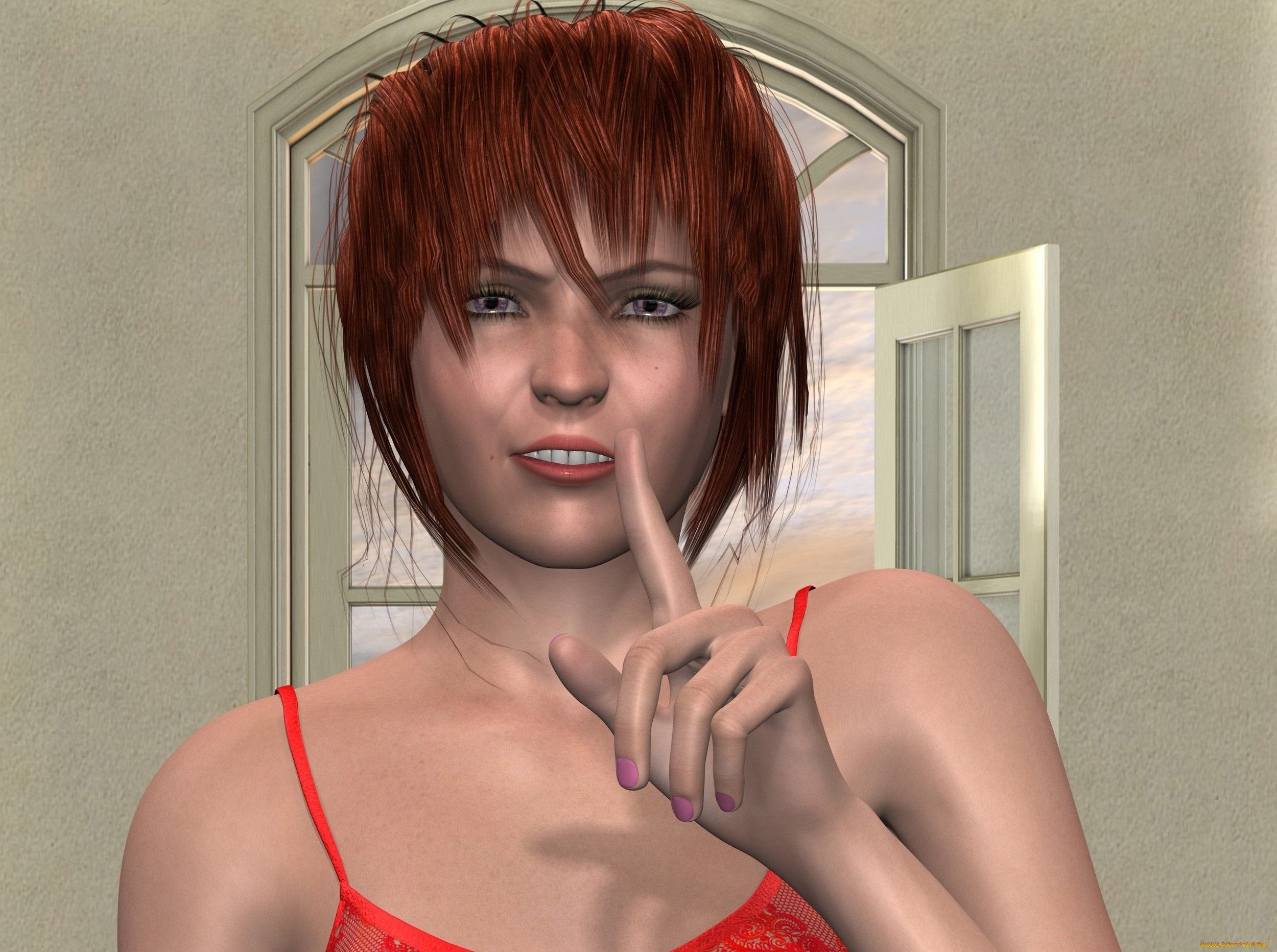 3д, графика, люди, , people, рыжая, взгляд, девушка, окно