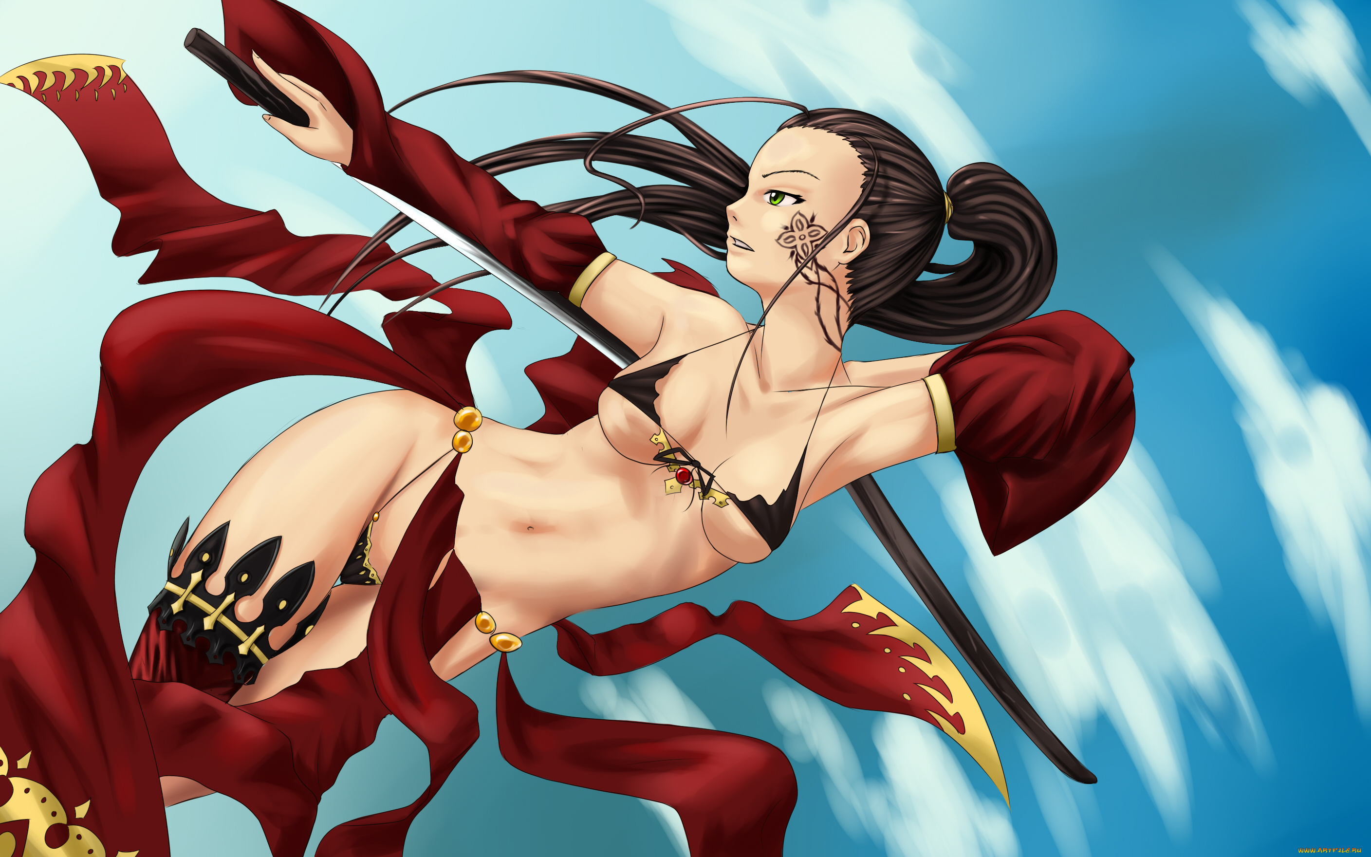 фэнтези, девушки, полет, меч, оружие, грудь, тату, forgotten-wings, art, лифчик, злость, взгляд, девушка