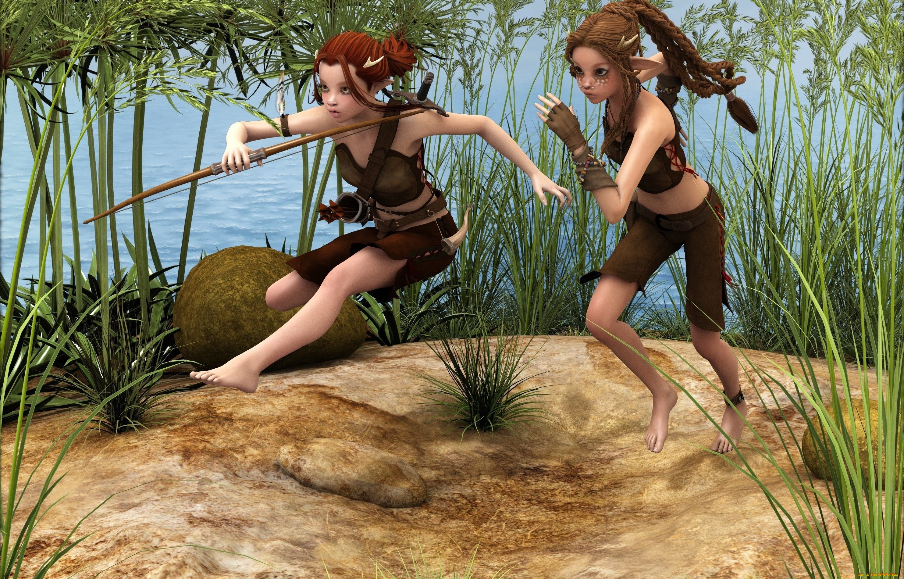 3д, графика, эльфы, , elves, песок, лук, бег, эльфийки, растение