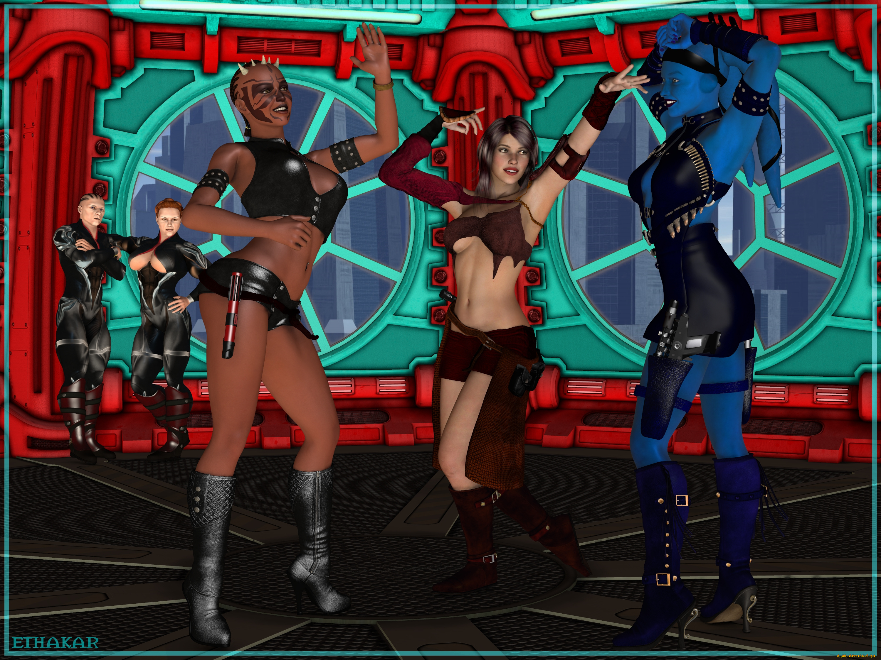 3д, графика, фракталы, , fractal, девушки, взгляд, танец, улыбки, халки