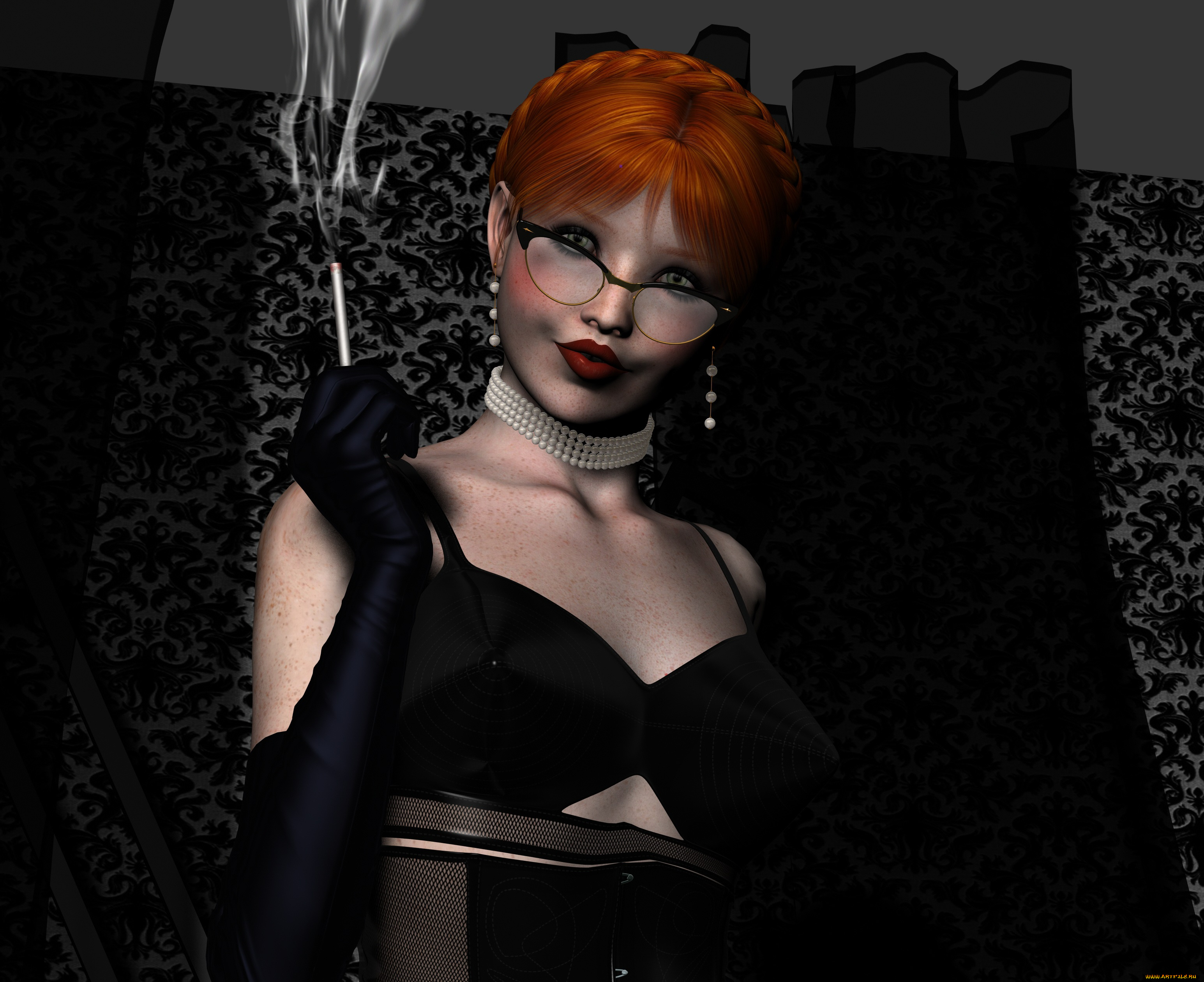3д, графика, люди, , people, девушка, взгляд, рыжая, сигарета