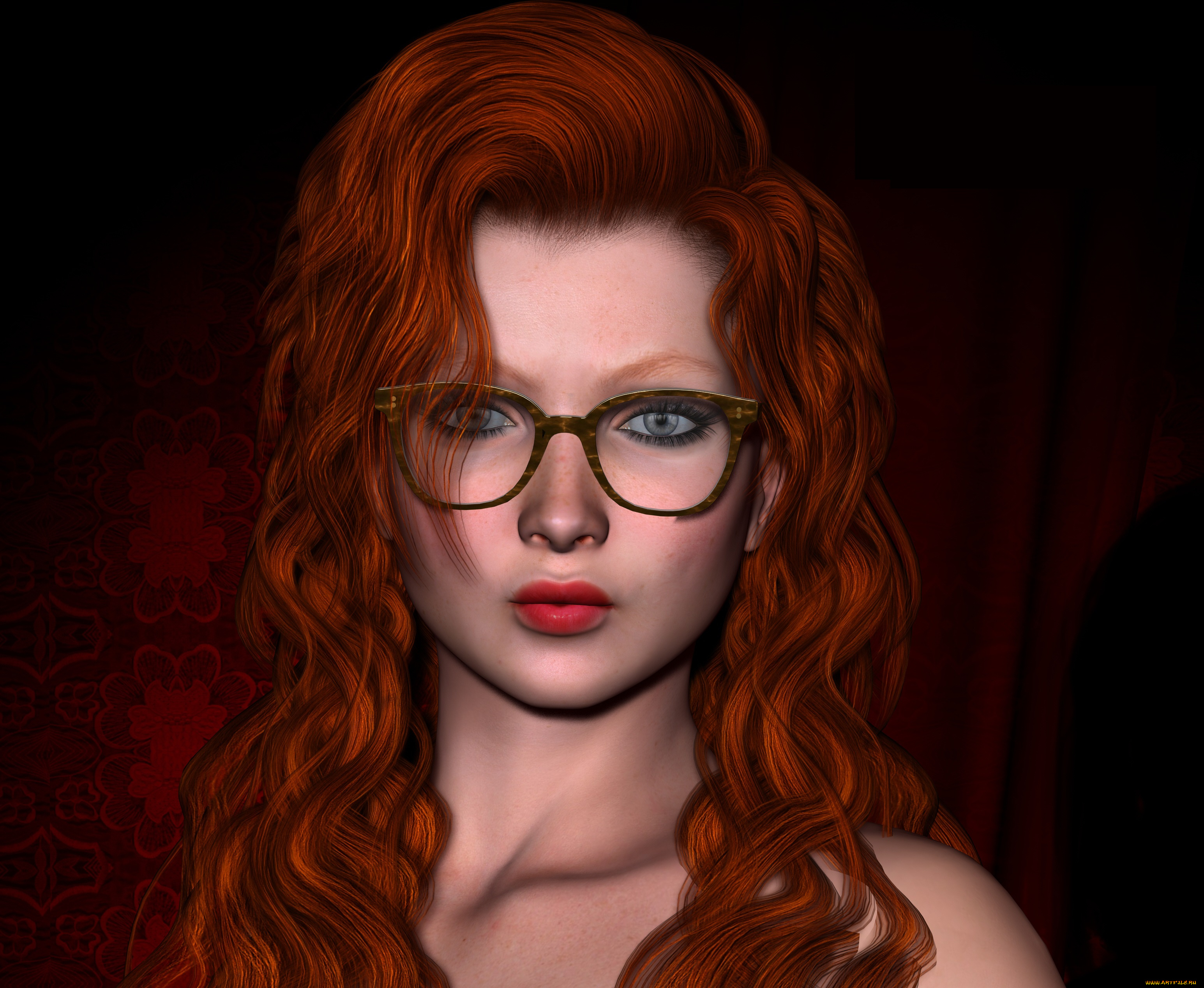 3д, графика, портрет, , portraits, девушка, взгляд, фон, рыжая, очки
