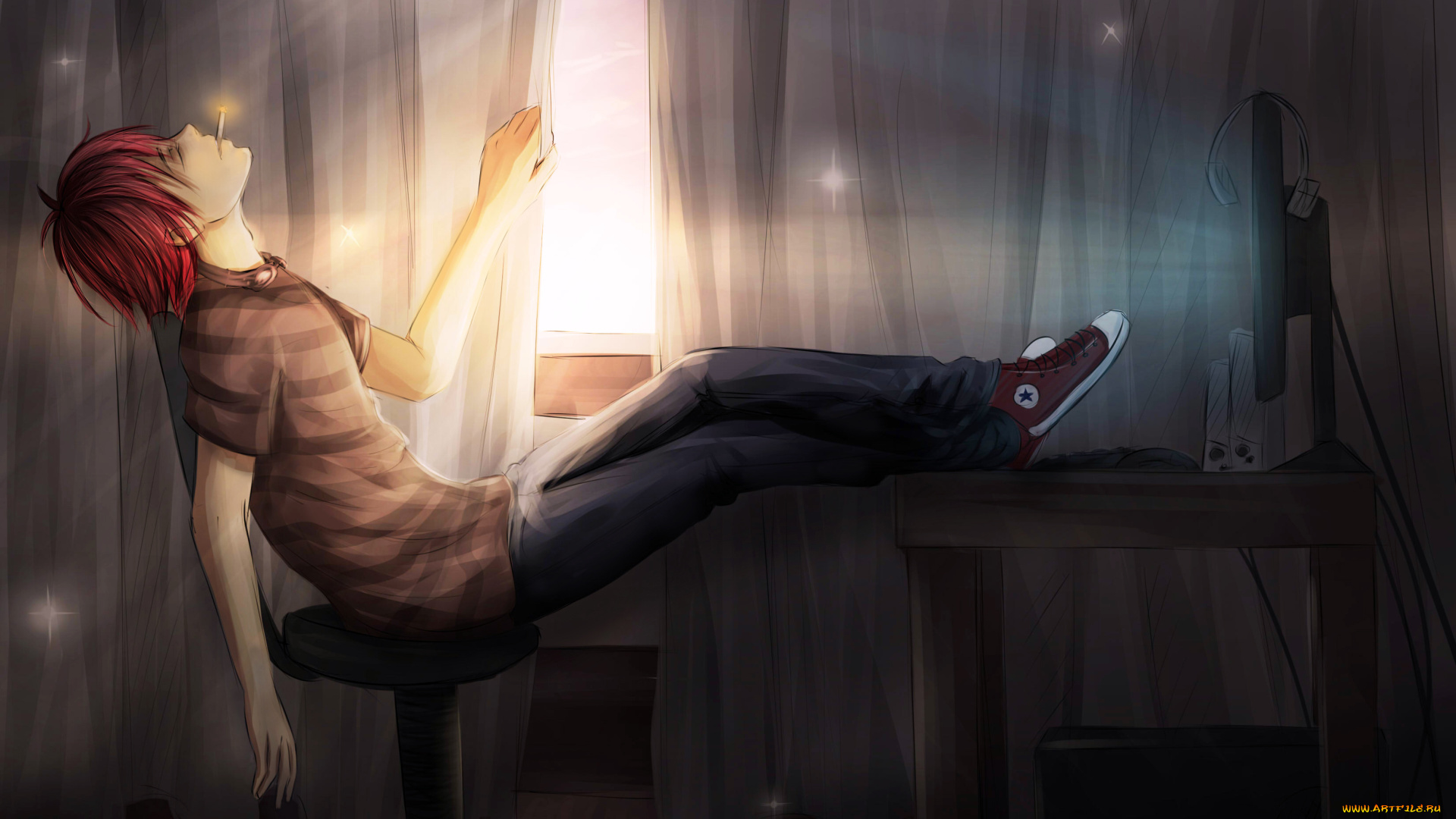 аниме, death, note, сигарета, компьютер, death, note, art, pollypwnz, парень, matt, шторы, сидит