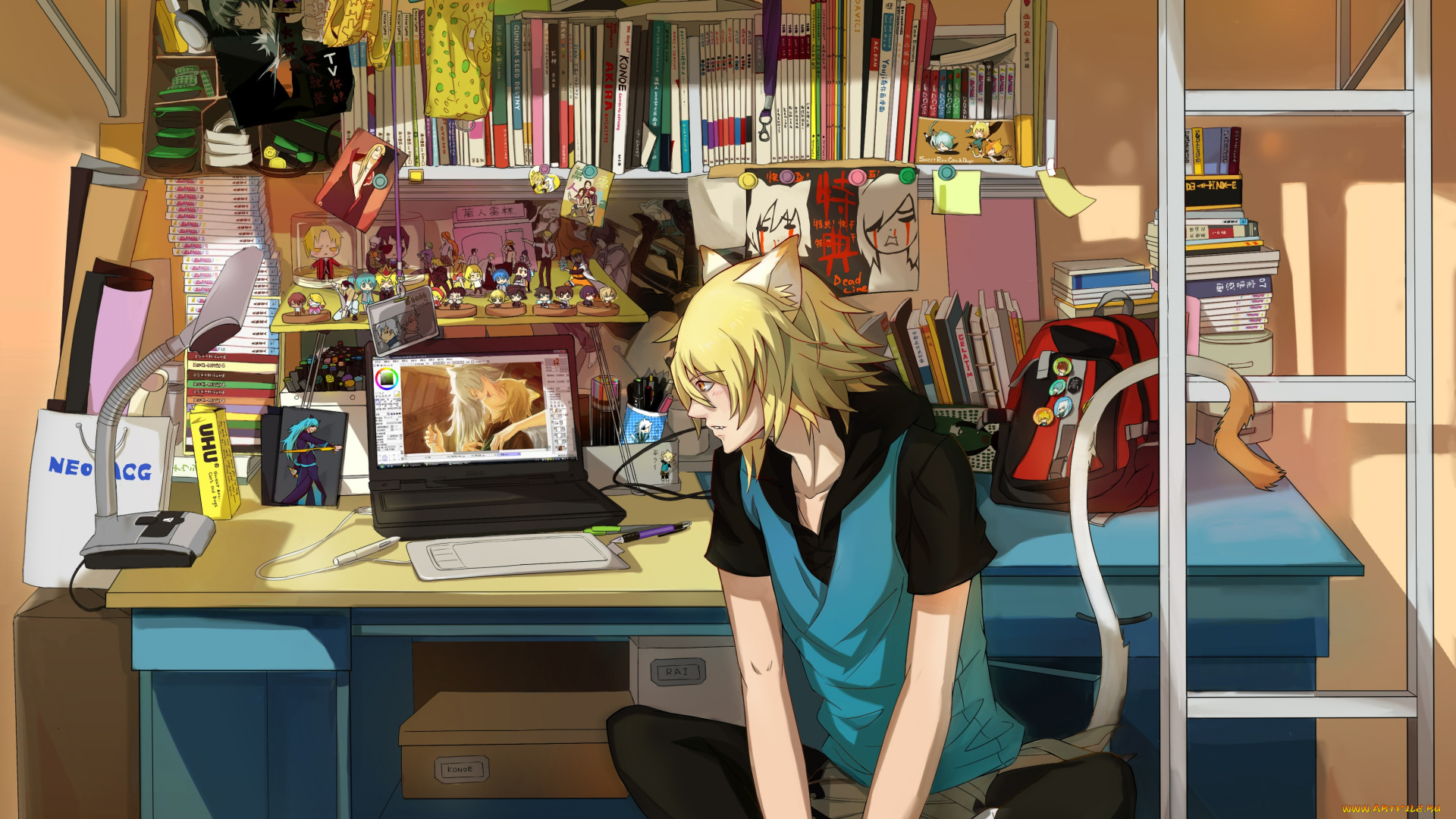 аниме, lamento, парень, компьютер, ламенто