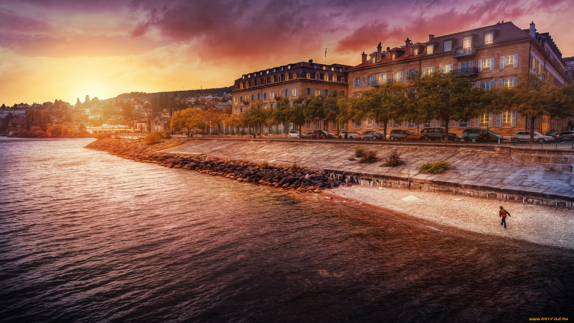 города, -, улицы, , площади, , набережные, обработка, облака, дома, река, берег