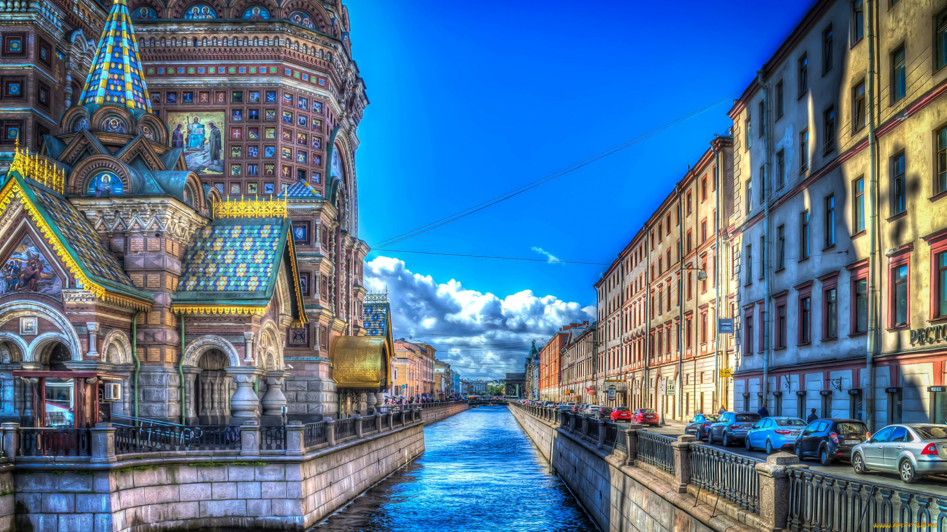 города, санкт-петербург, , петергоф, , россия, улицы, церковь, небо, канал, облака, дома, обработка