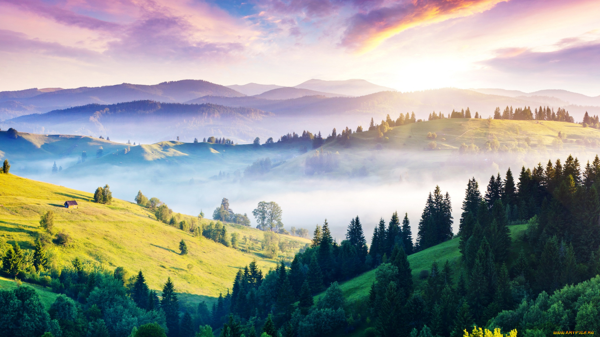 природа, восходы, закаты, горы, карпаты, солнце, леса, холмы, домик, панорама, украина, туман