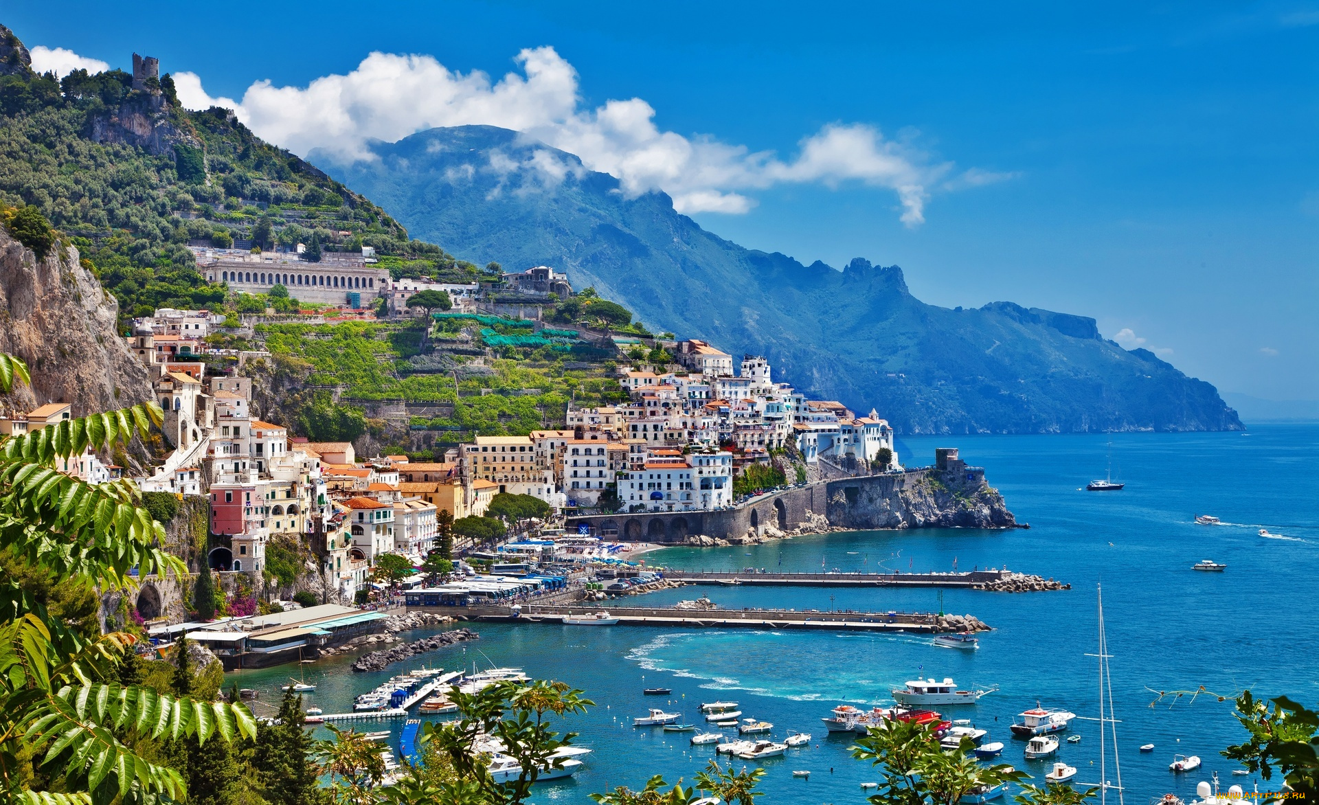 амальфи, города, амальфийское, и, лигурийское, побережье, , италия, горы, облака, бухта, дома, яхты