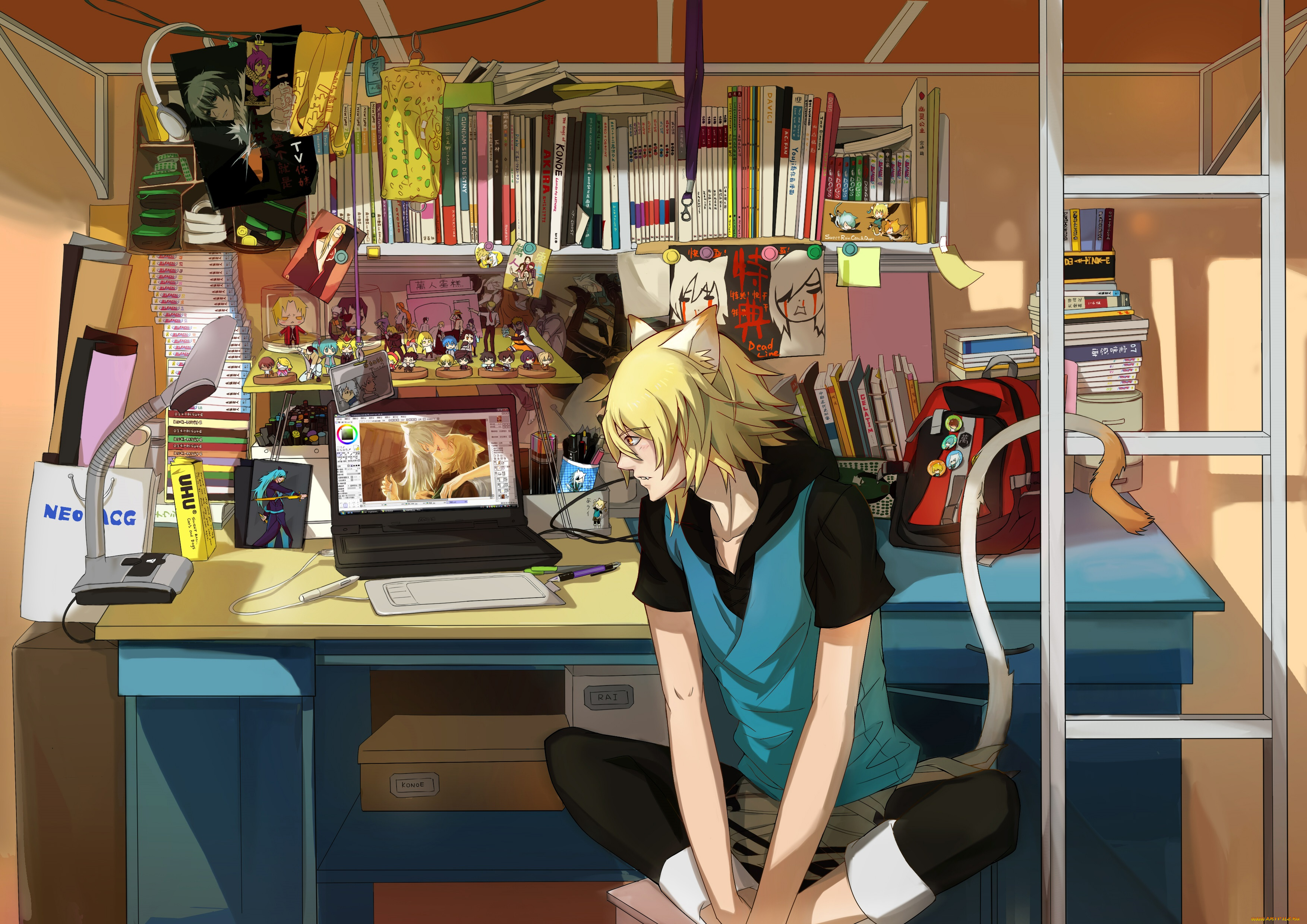 аниме, lamento, парень, компьютер, ламенто