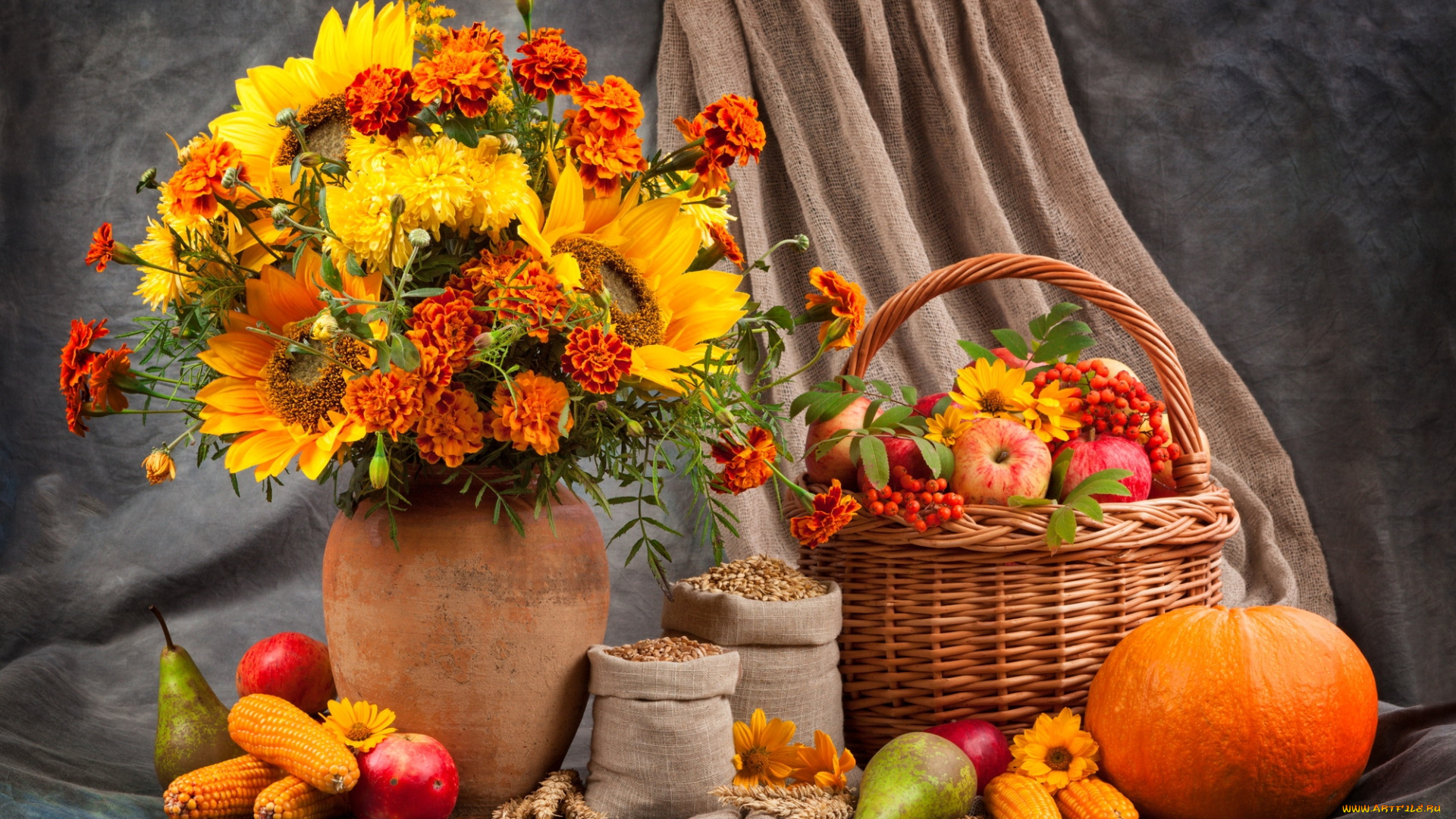еда, натюрморт, букет, кукуруза, семена, груши, тыква, корзина