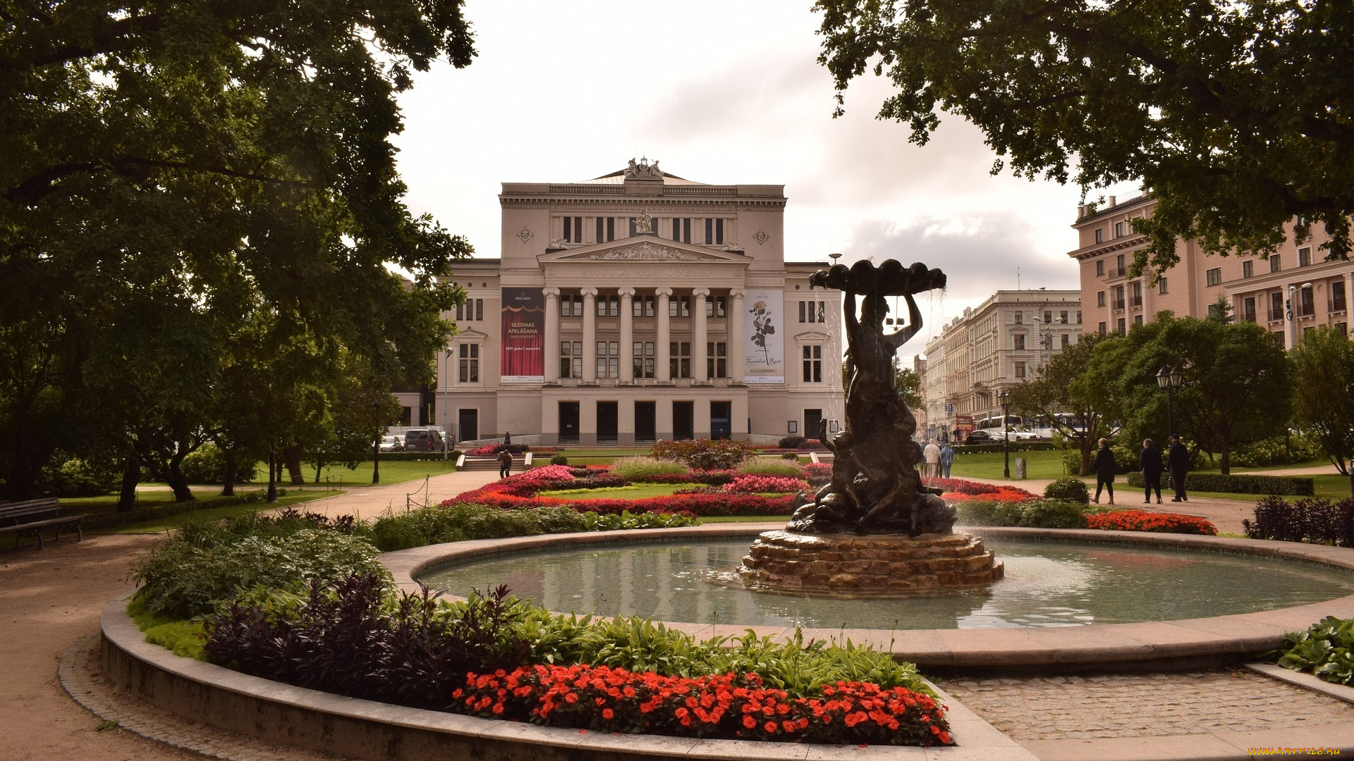 города, рига, , латвия, клумба, фонтан