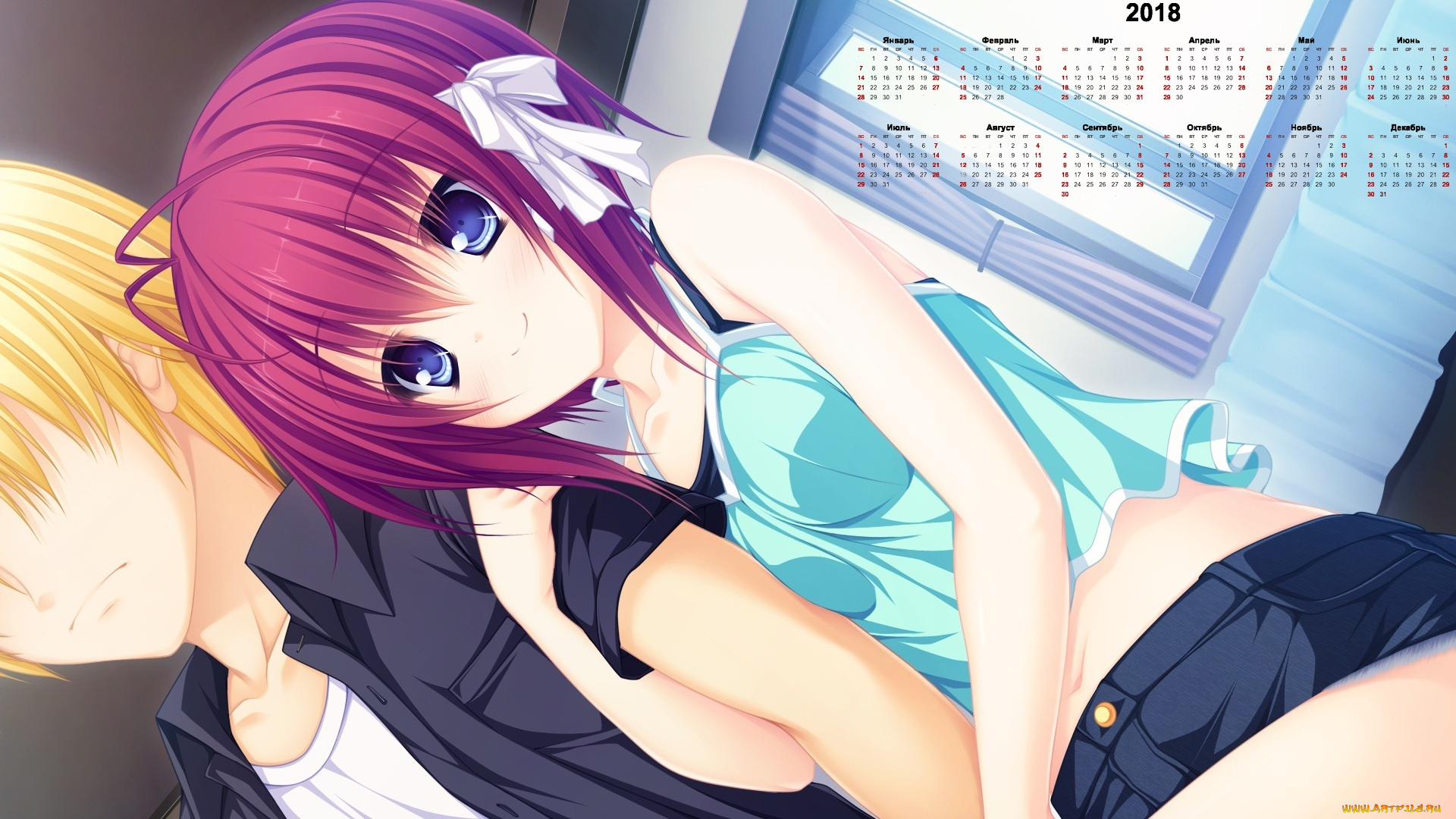 календари, аниме, парень, девочка, бант