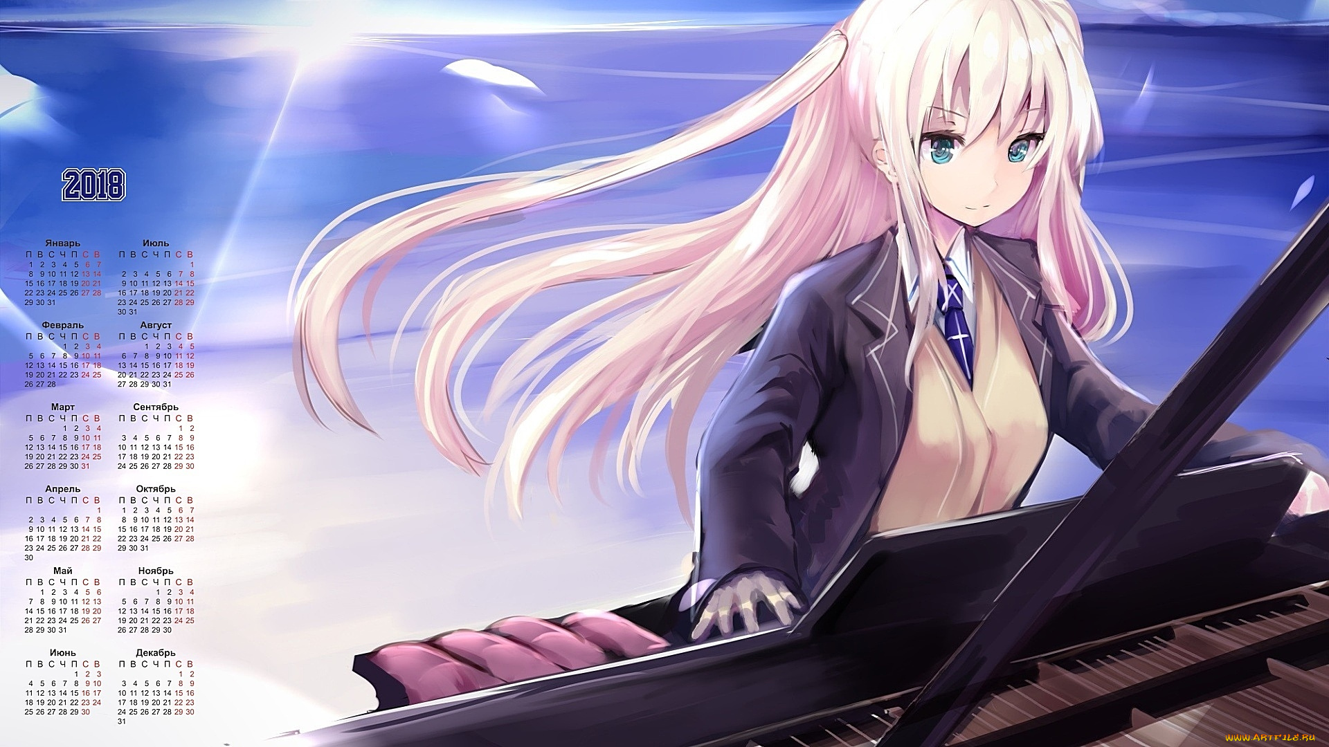 календари, аниме, пианино, девушка