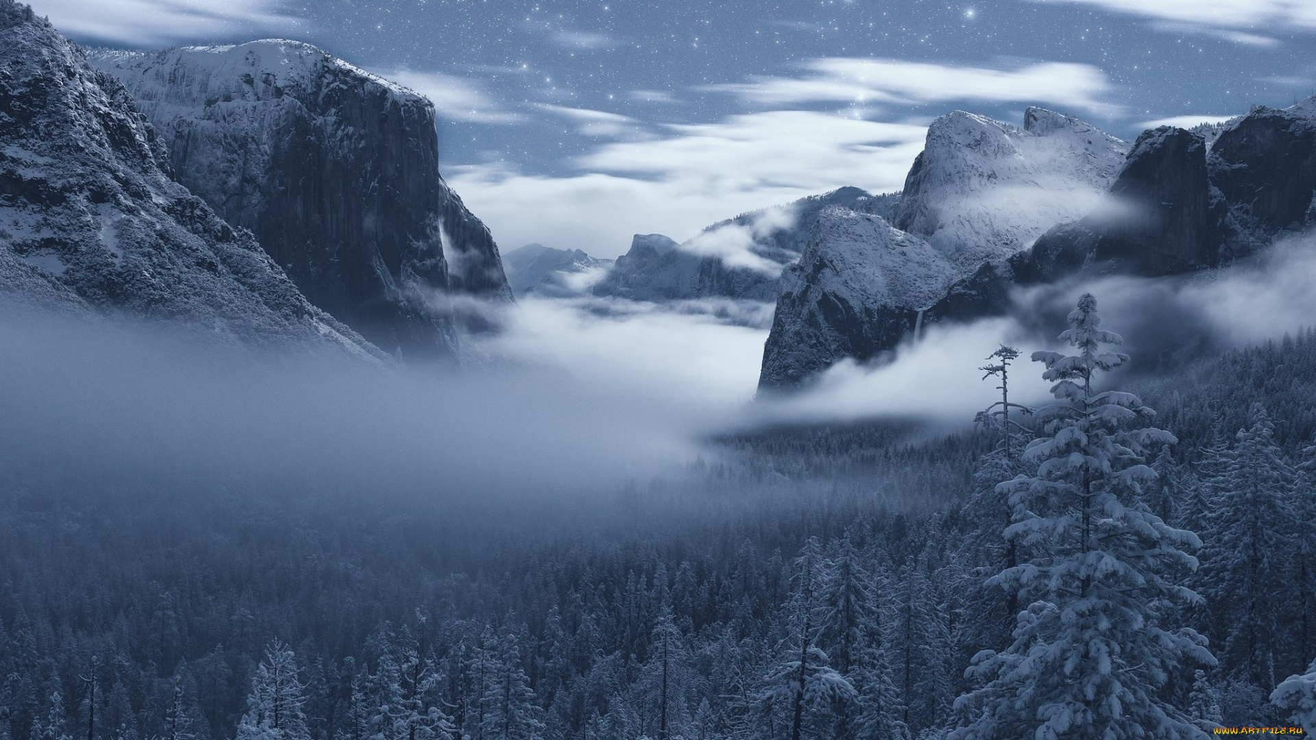 природа, горы, yosemite, valley, sierra, nevada, калифорния, йосемитский, национальный, парк, долина, йосемите, national, park, лес, звёздное, небо, зима, california, сьерра-невада