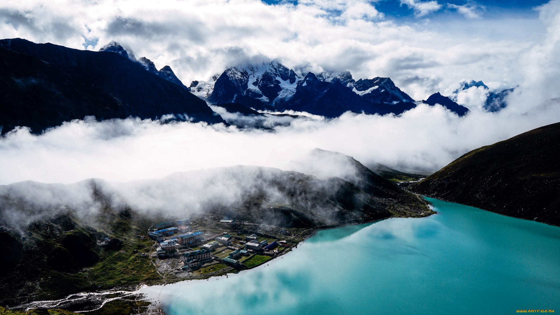 природа, пейзажи, облака, горы, озеро