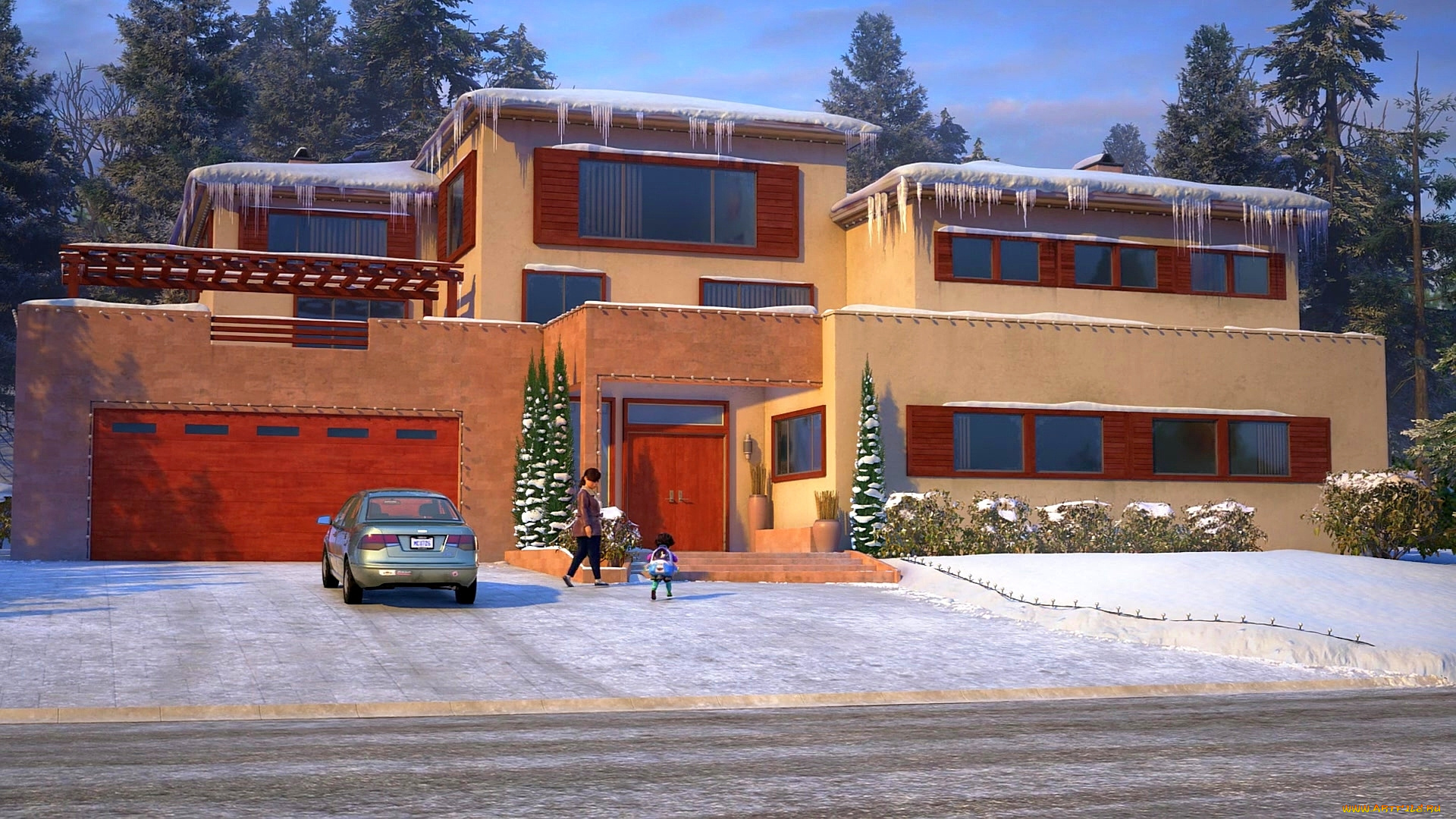 рисованное, города, деревья, сосулька, люди, машина, зима, здание