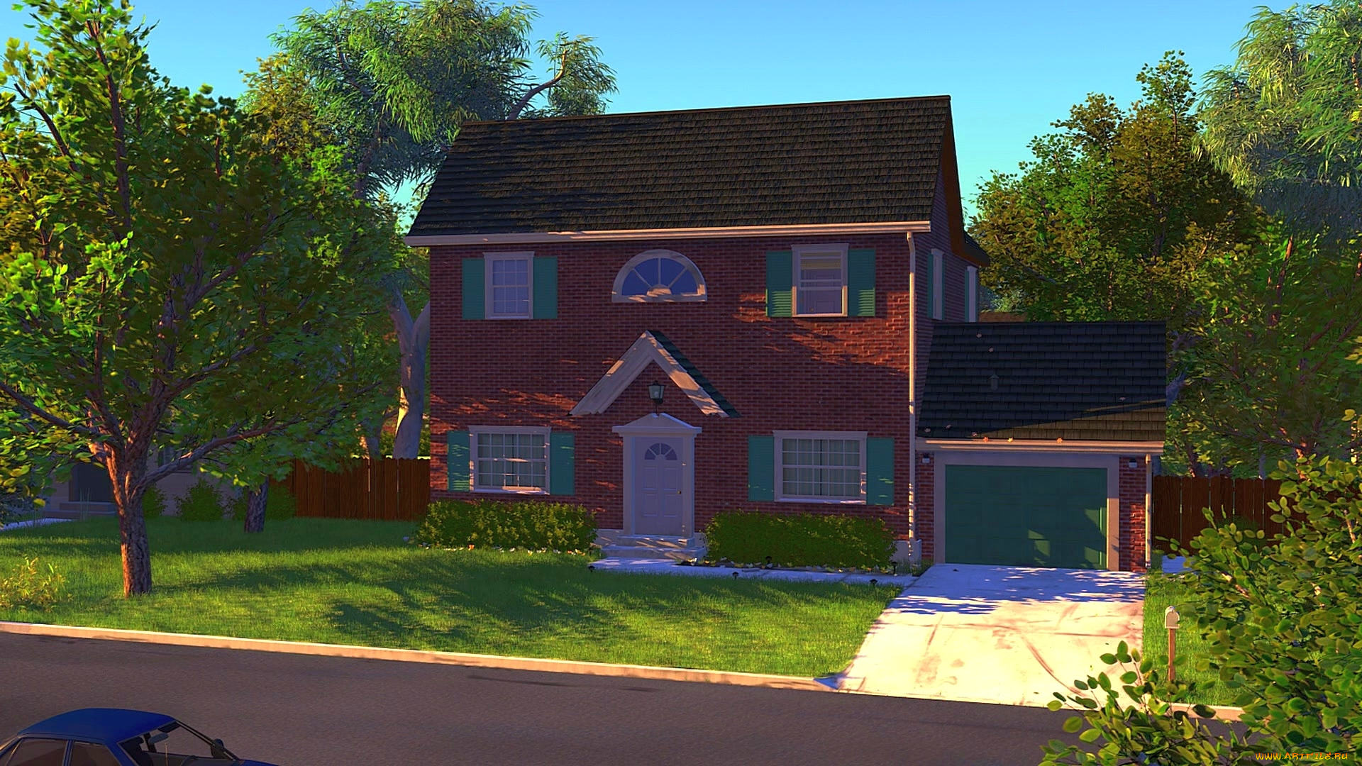 рисованное, города, дорога, дом, деревья