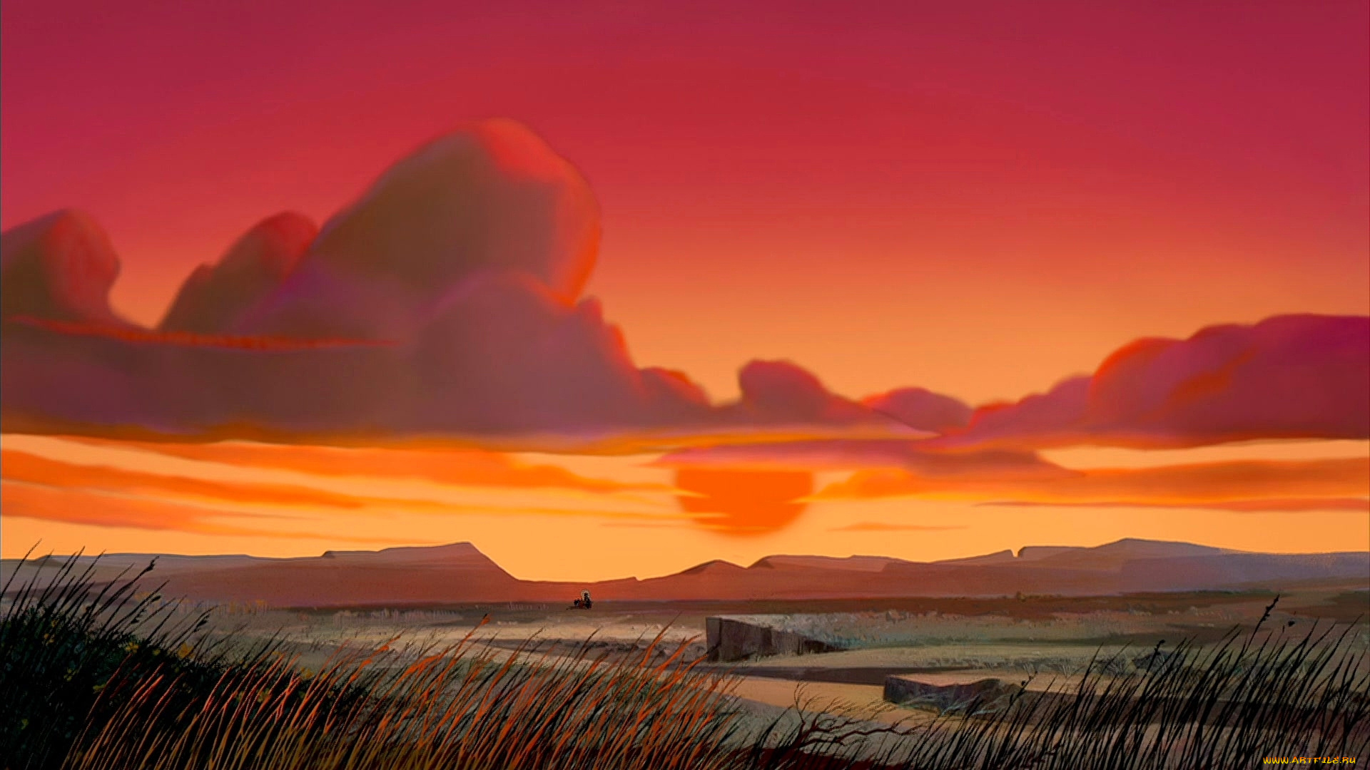 рисованное, природа, долина, облака, растения