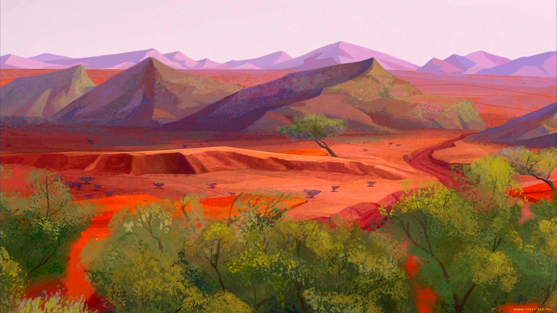 рисованное, природа, гора, деревья