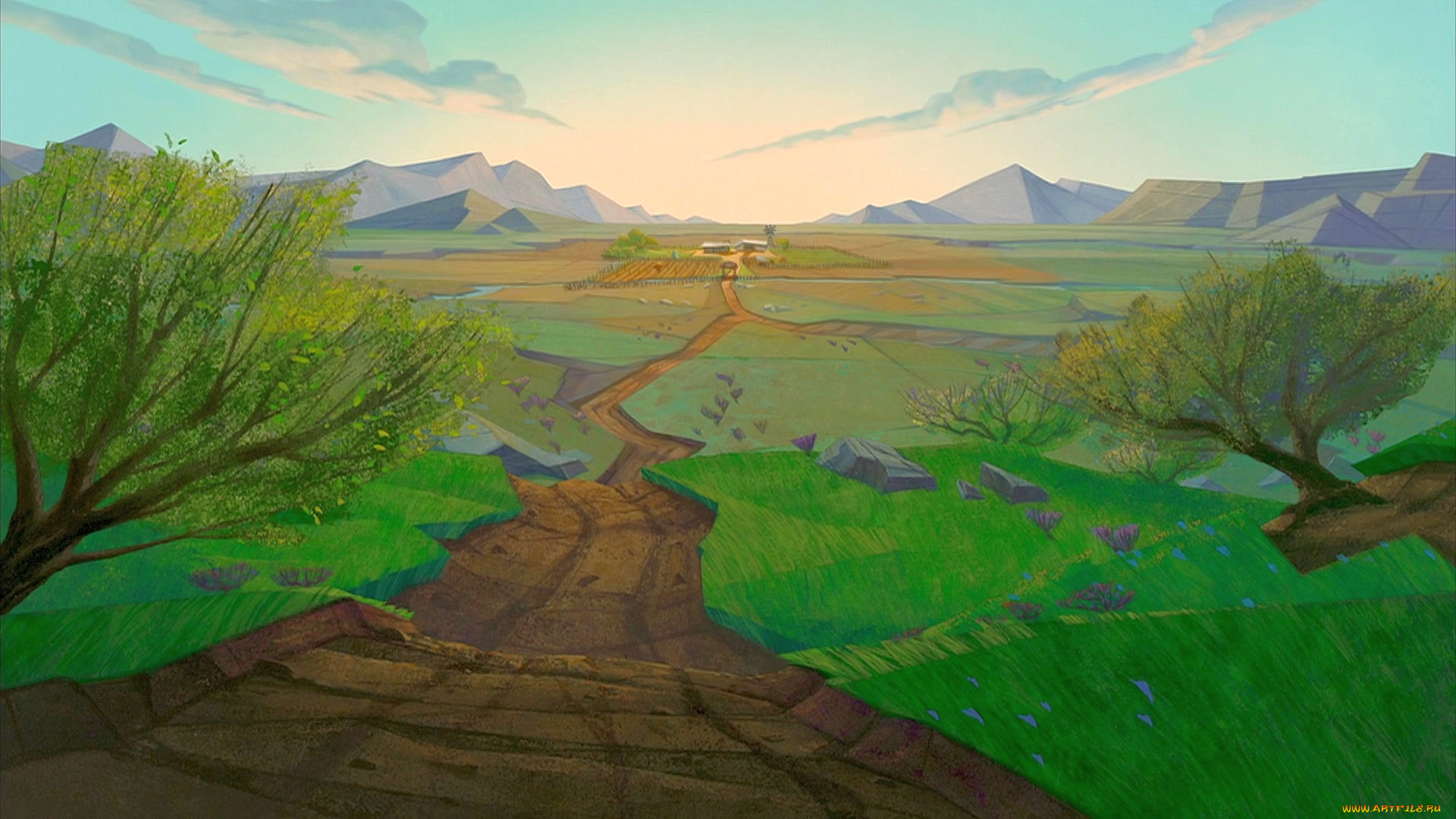 рисованное, природа, гора, растения, деревья, дорога