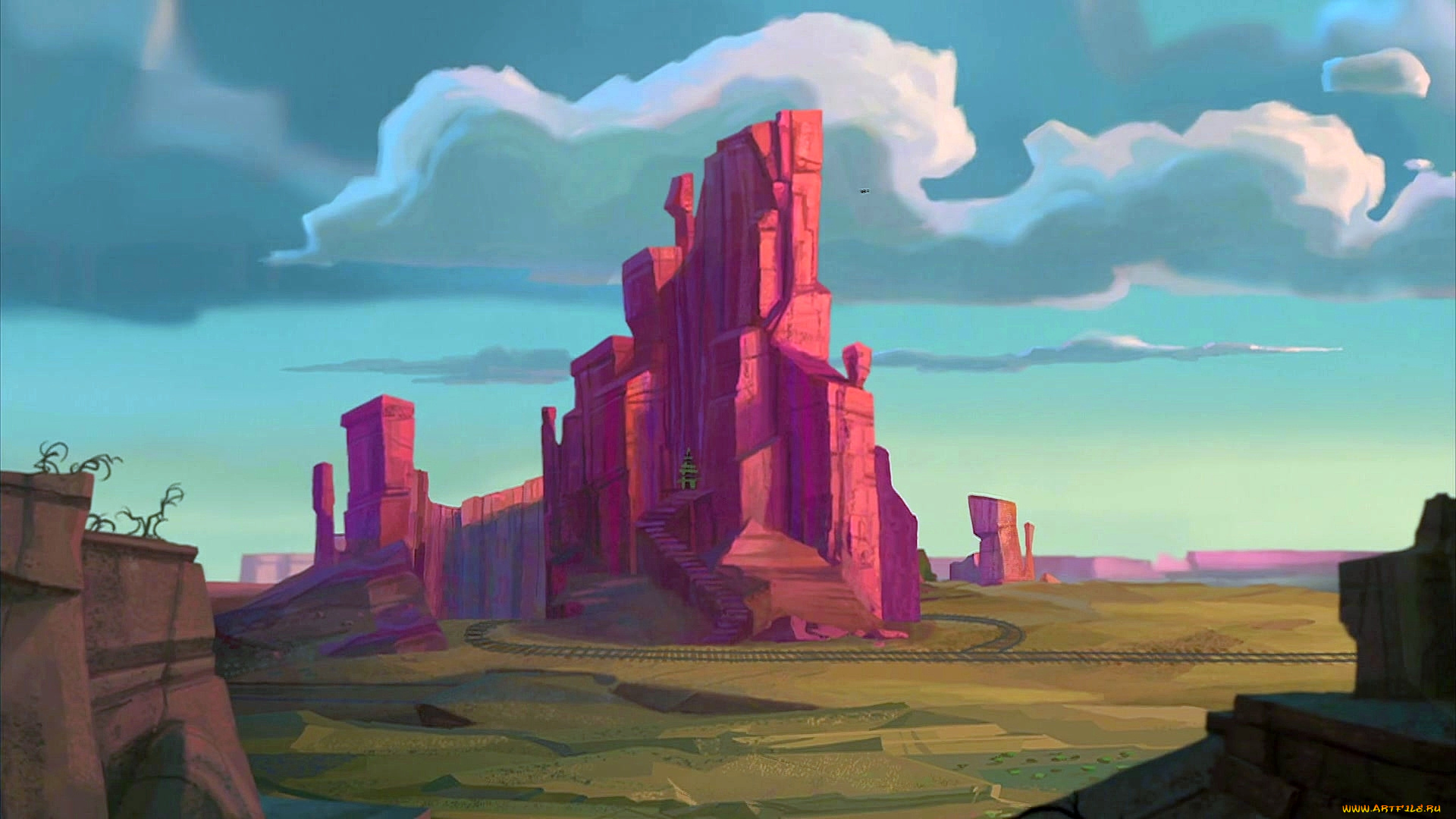 рисованное, природа, облака, рельсы, скала