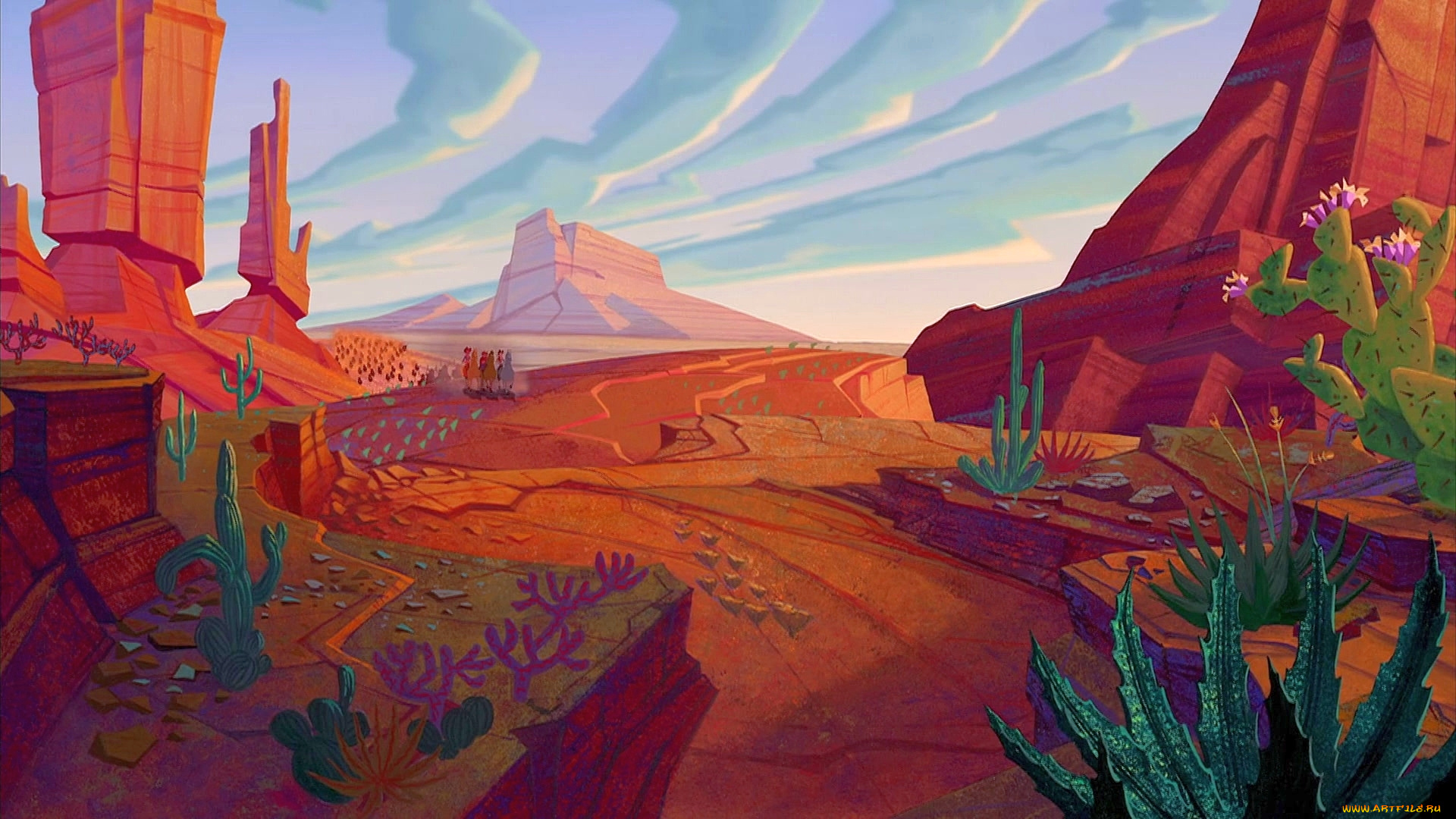 рисованное, природа, скала, кактус