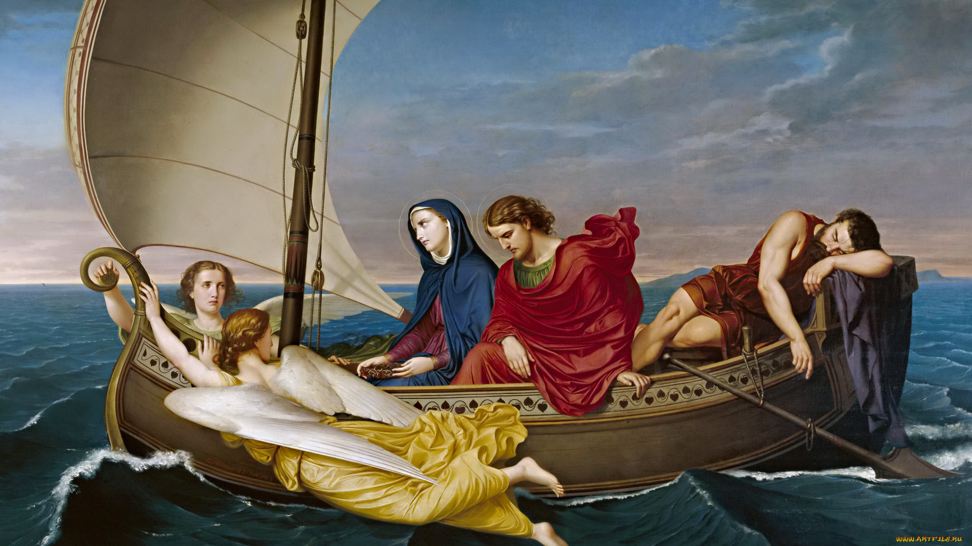 рисованное, религия, море, картина, жанровая, лодка, путешествие, богородицы, и, святого, иоанна, в, эфесе, херман, аморес, эрнандес, мифология