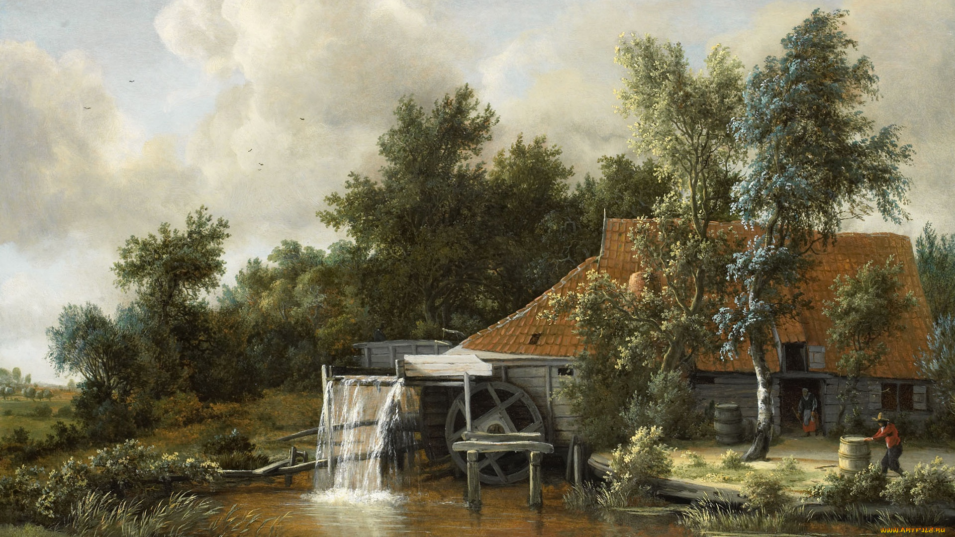 рисованное, живопись, картина, мейндерт, хоббема, водяная, мельница, пейзаж, масло