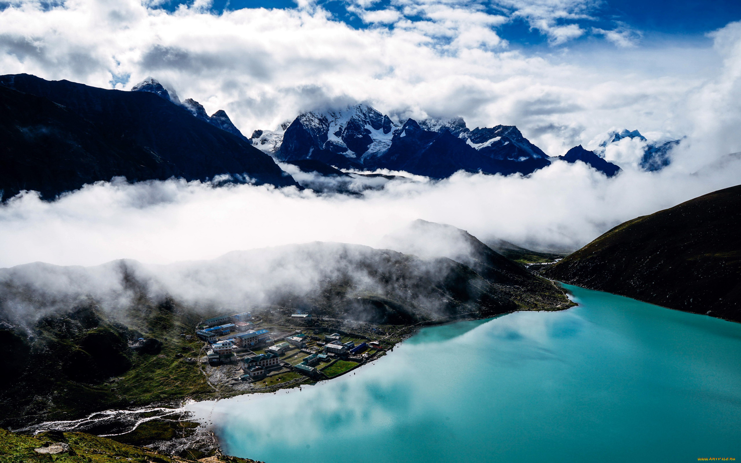 природа, пейзажи, облака, горы, озеро