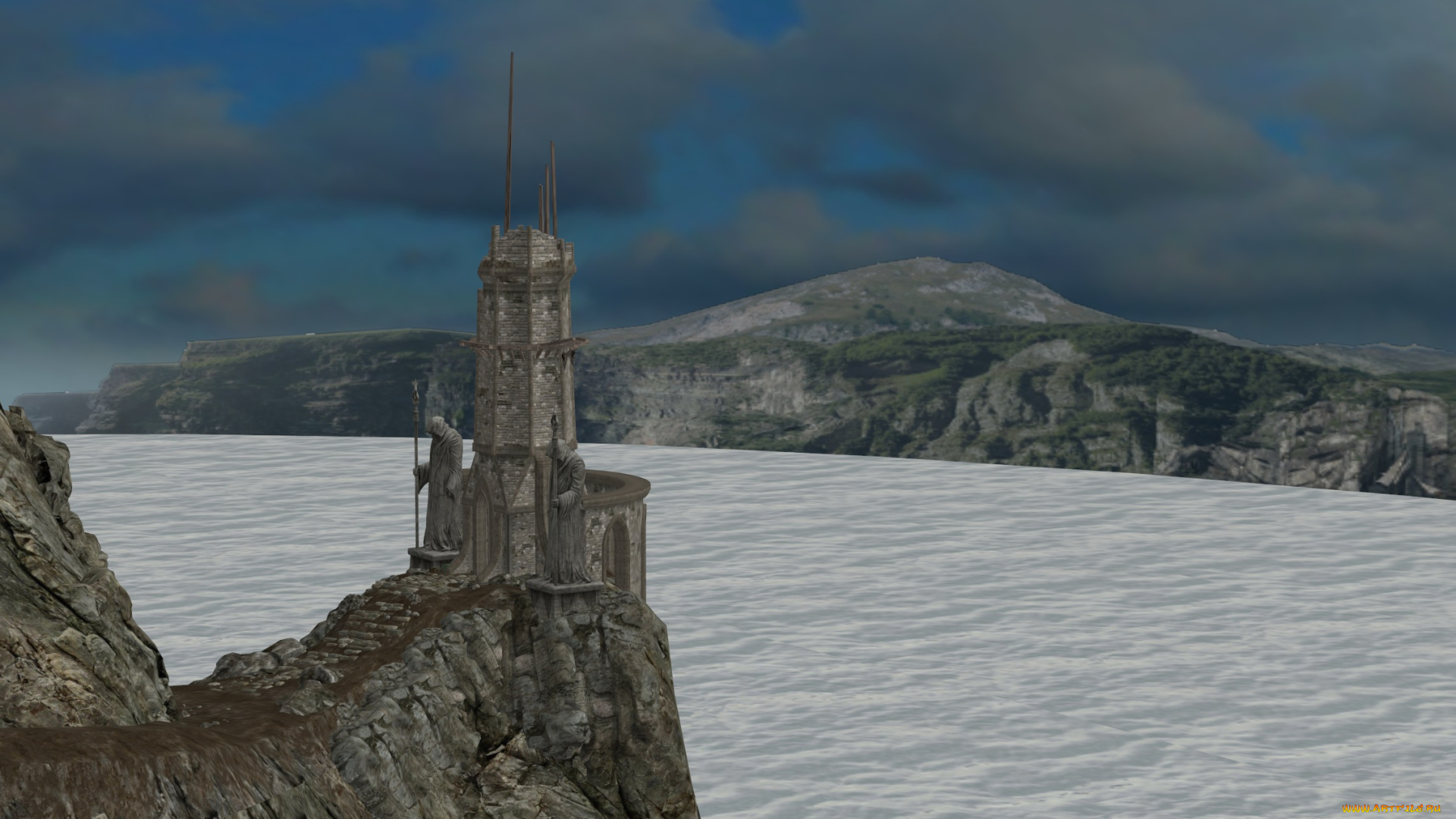 3д, графика, другое, , other, монахи, башня, река, горы