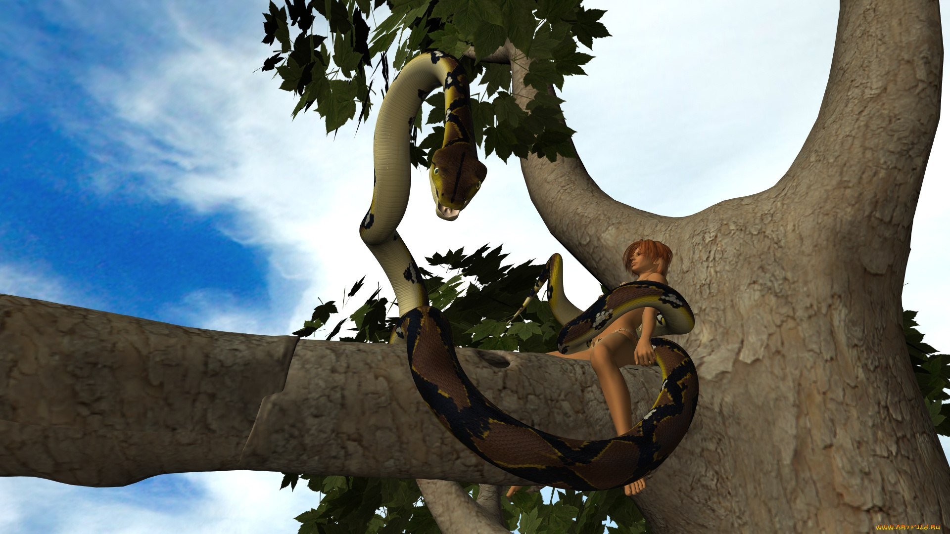 3д, графика, фантазия, , fantasy, взгляд, девушка, змея, фон