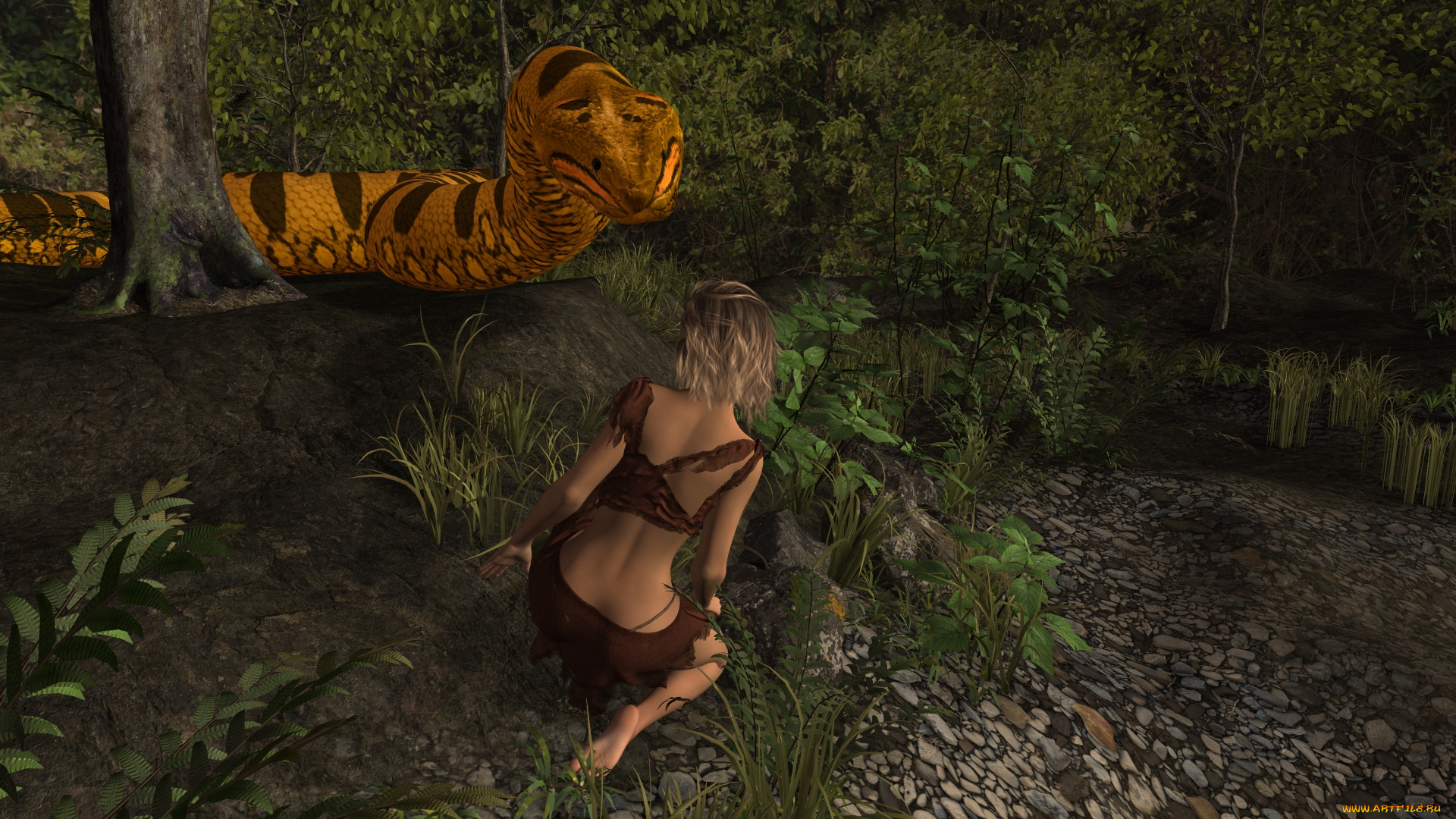 3д, графика, фантазия, , fantasy, змея, фон, взгляд, девушка