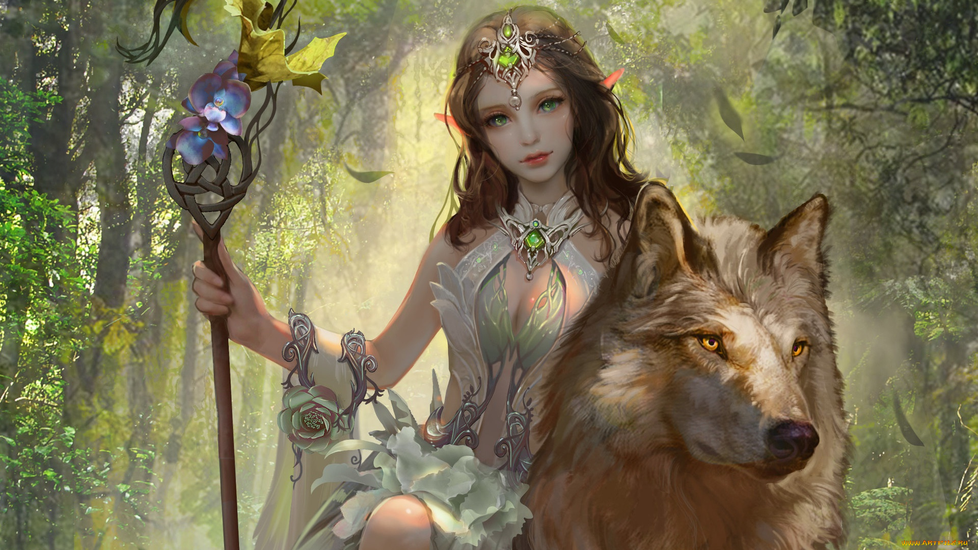 фэнтези, эльфы, животное, волк, девушка, взгляд, арт, эльфийка, сидит