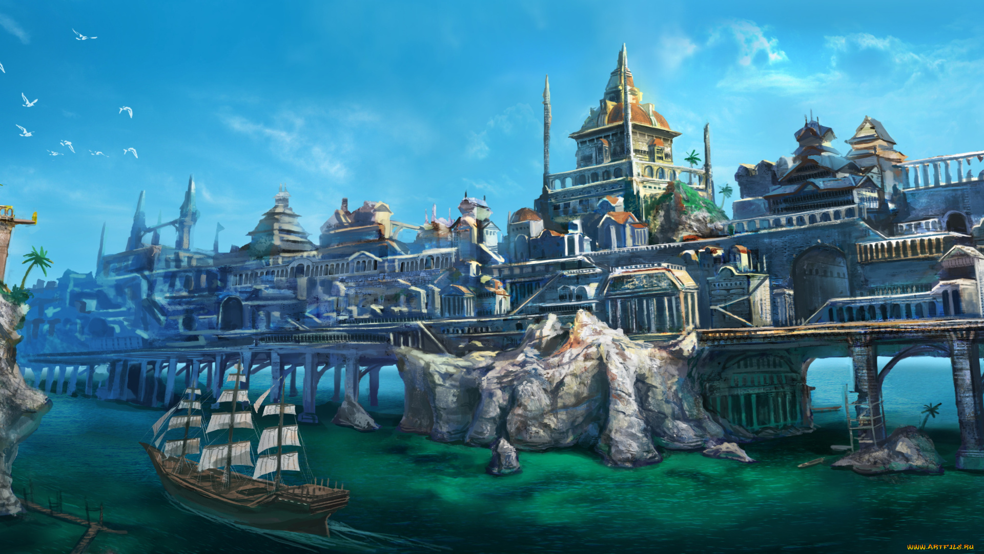 фэнтези, иные, миры, , иные, времена, город, скалы, корабль, фон