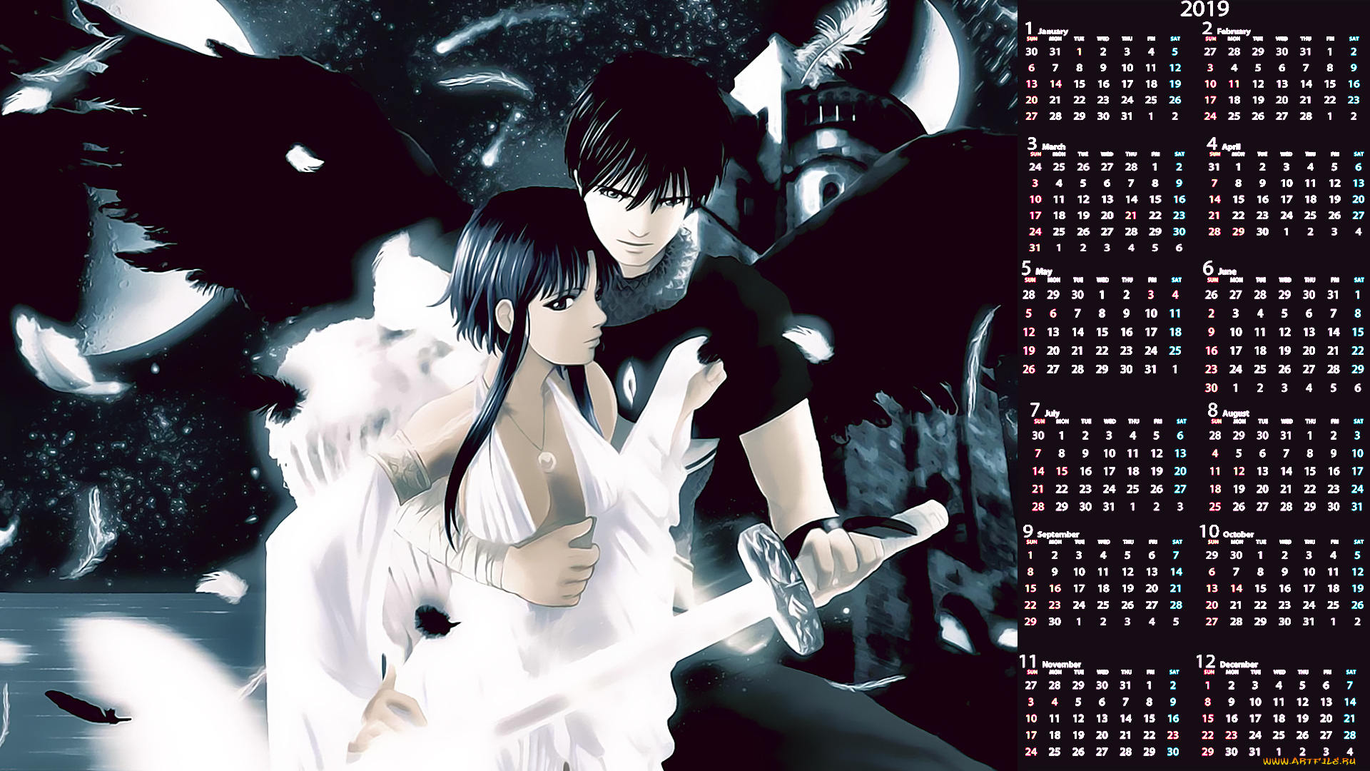 календари, аниме, парень, крылья, девушка, оружие