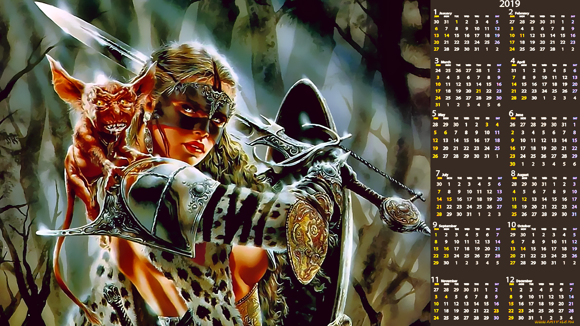 календари, фэнтези, девушка, оружие, существо