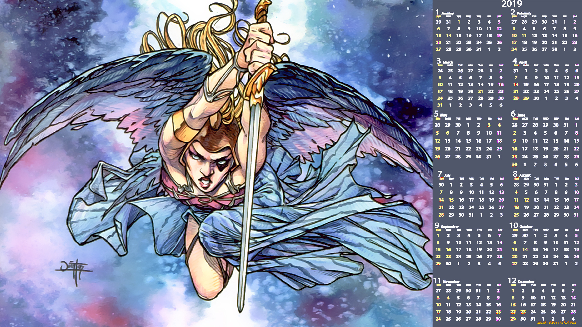 календари, фэнтези, крылья, оружие