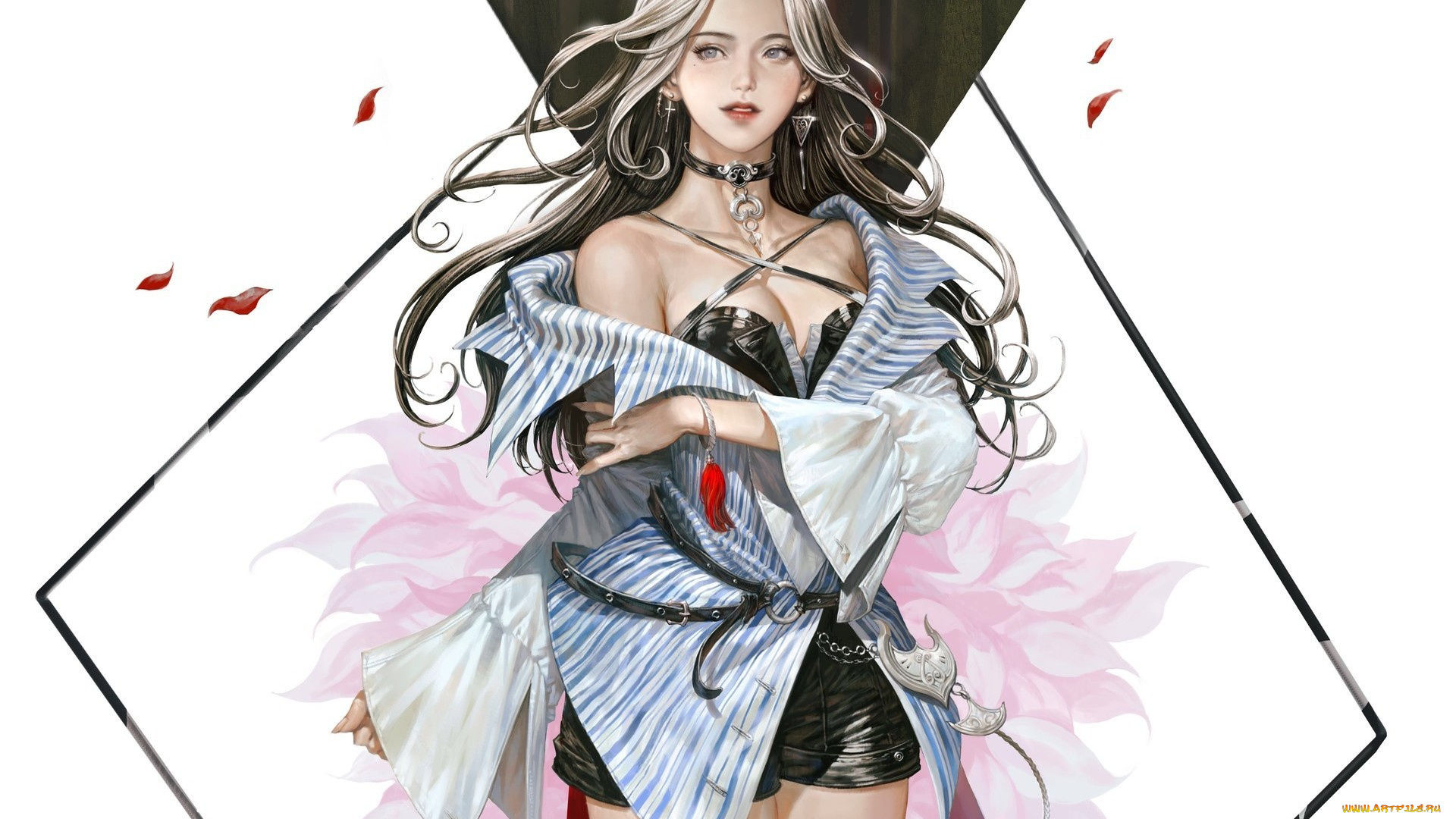 рисованное, люди, лепестки, фэнтези, арт, взгляд, макияж, фон, поза, лицо, украшения, девушка