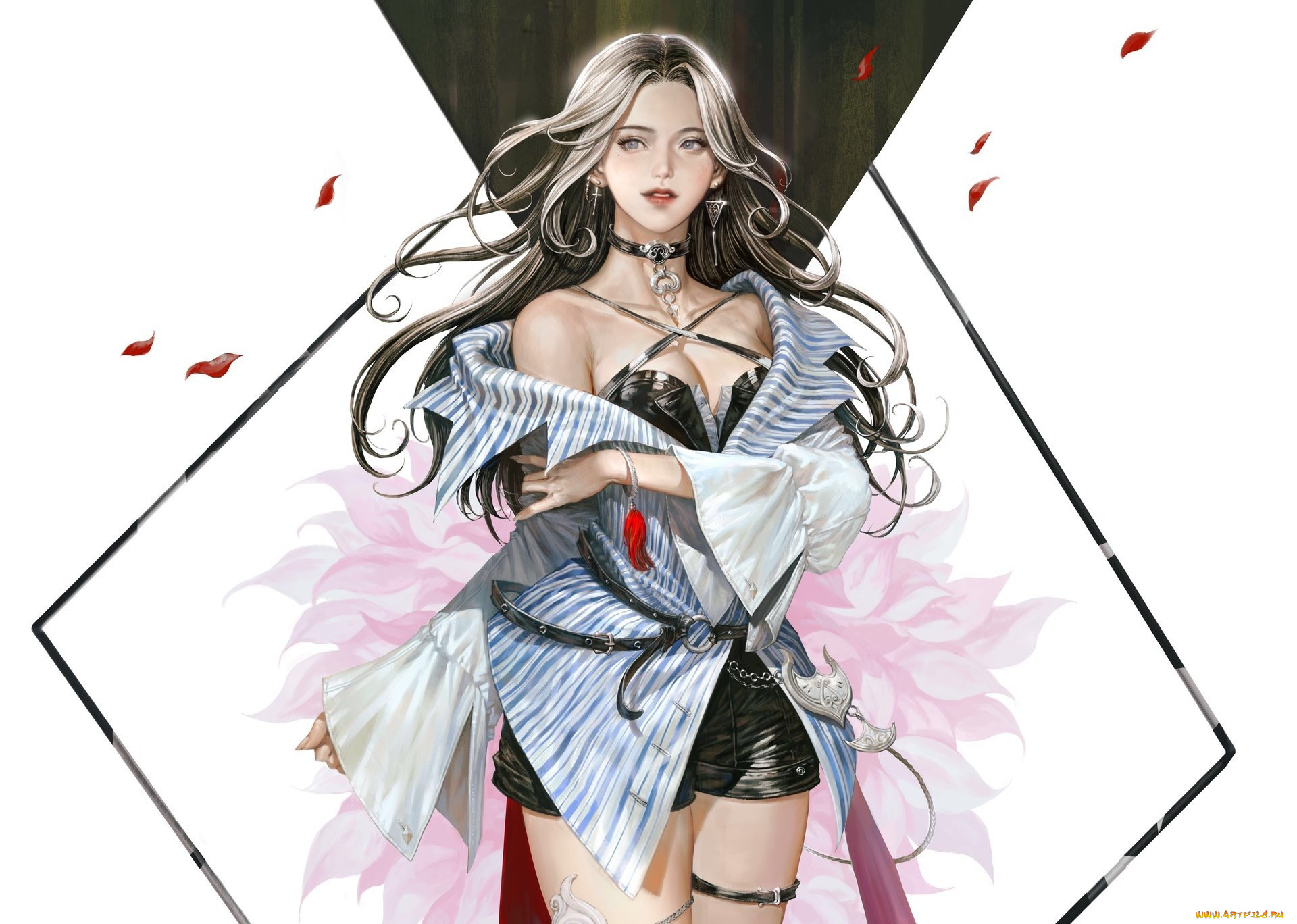 рисованное, люди, лепестки, фэнтези, арт, взгляд, макияж, фон, поза, лицо, украшения, девушка