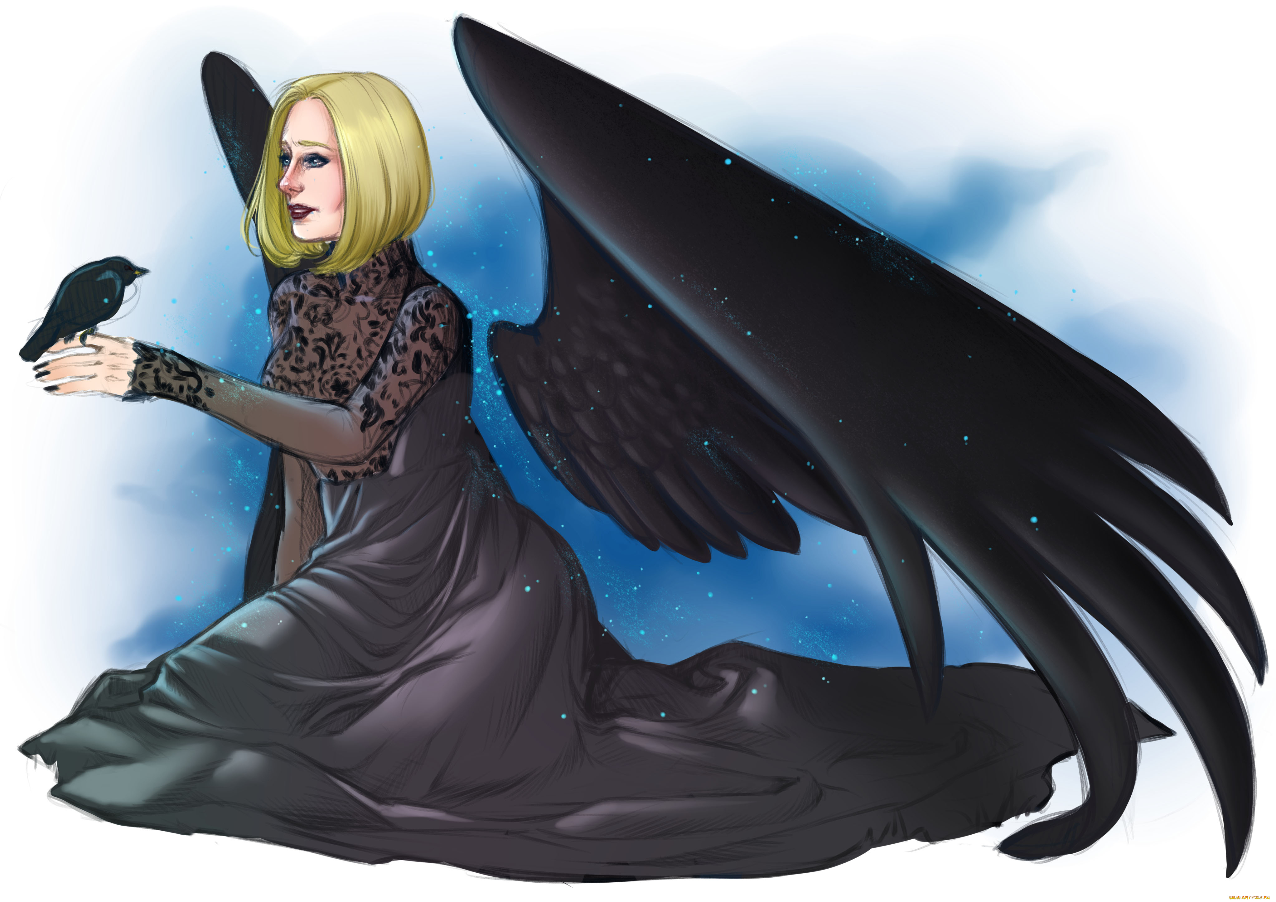 фэнтези, ангелы, ворон, крылья, фон, девушка