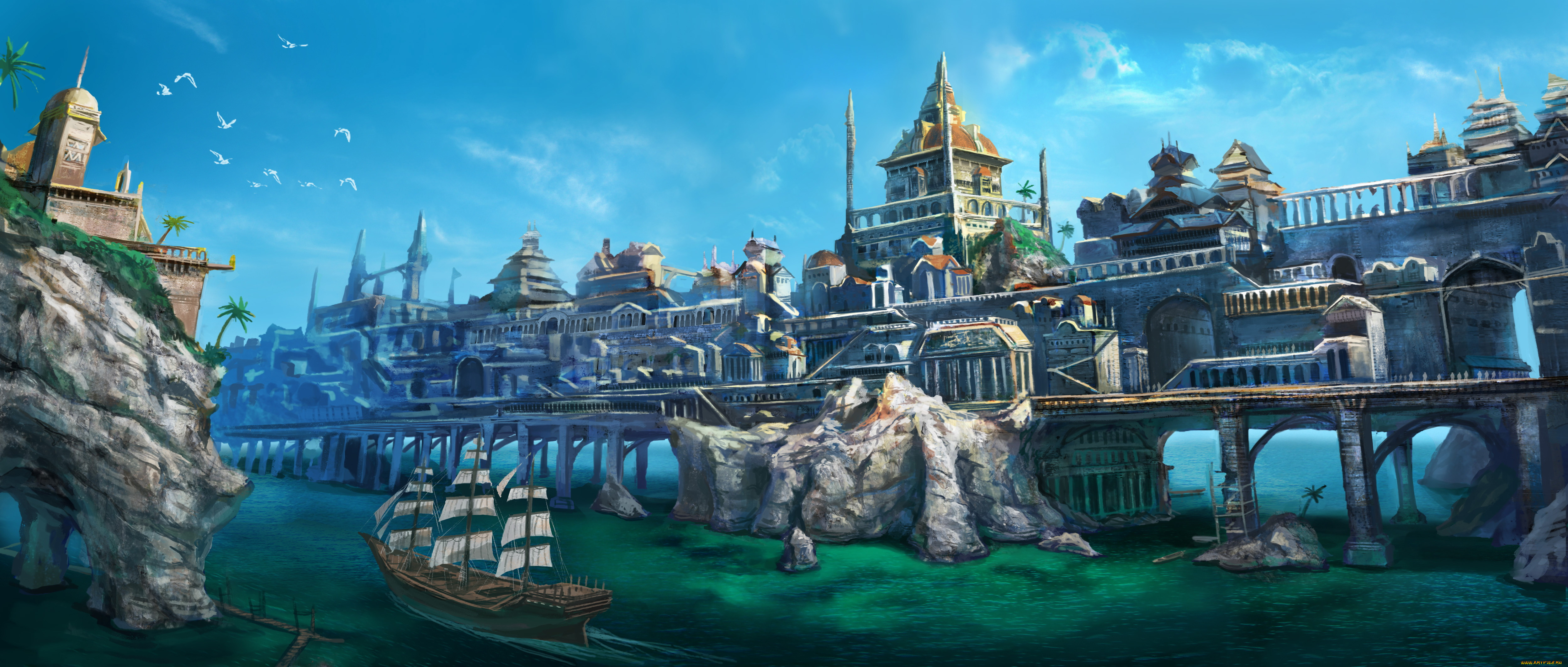 фэнтези, иные, миры, , иные, времена, город, скалы, корабль, фон