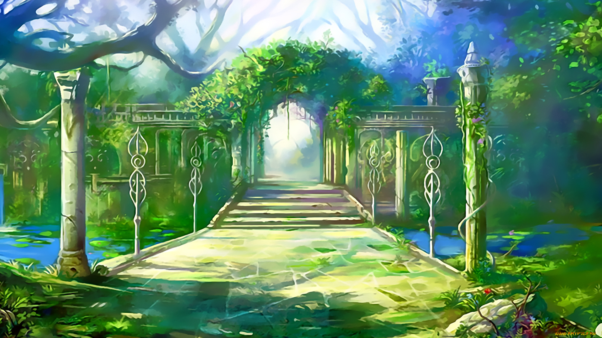 календари, фэнтези, 2019, растение, арка, колонна, ступени, calendar, зеленый
