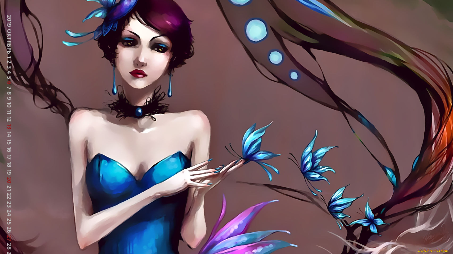 календари, рисованные, , векторная, графика, calendar, 2019, бабочка, девушка