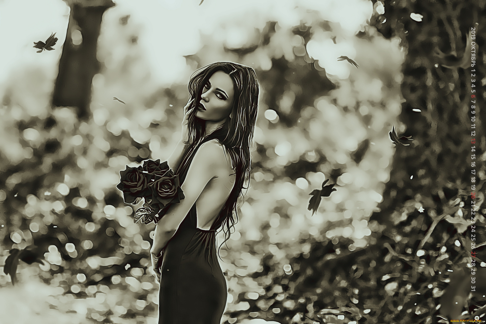 календари, компьютерный, дизайн, 2019, calendar, взгляд, женщина, девушка, природа, листопад, букет, цветы