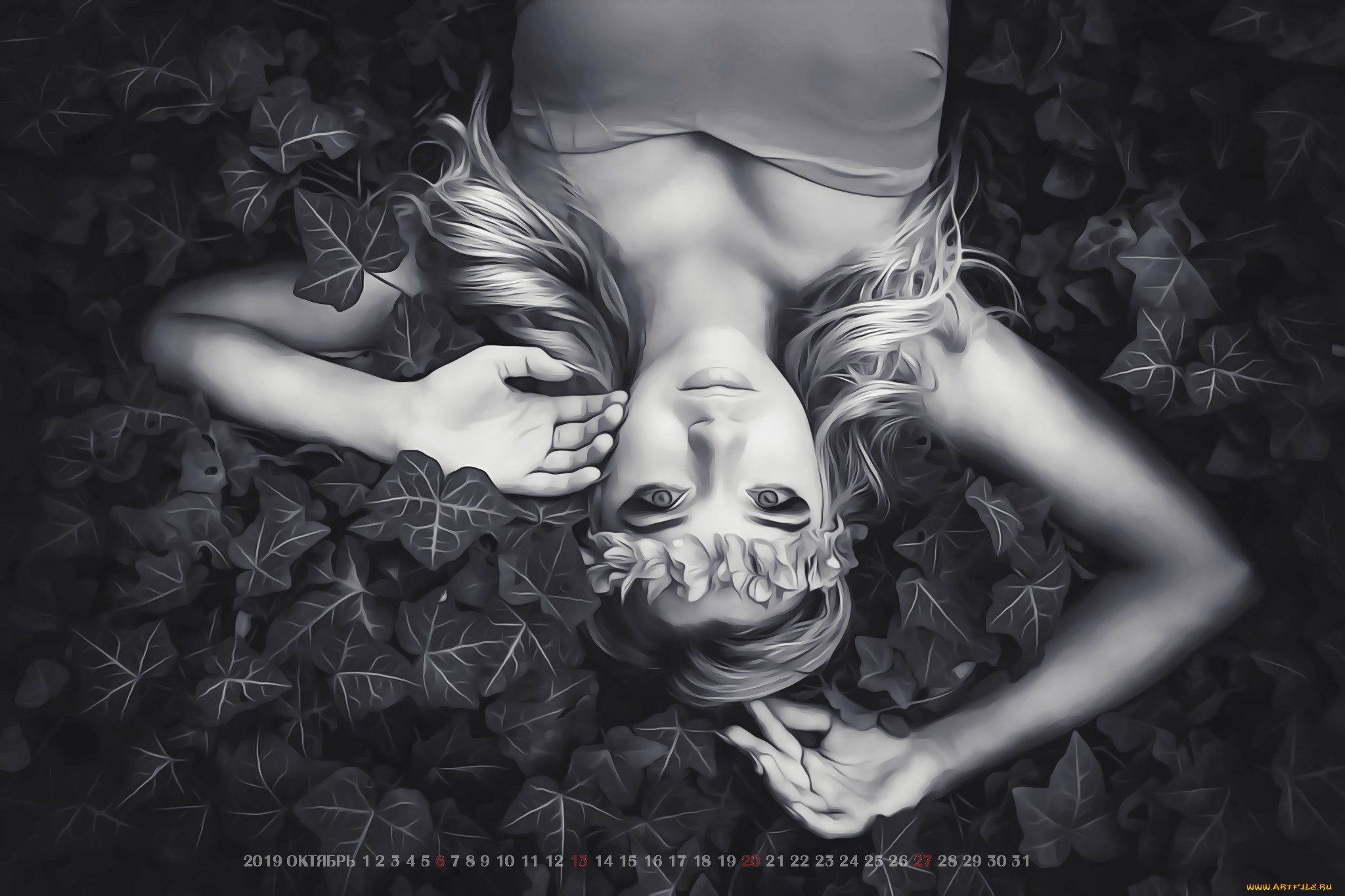 календари, компьютерный, дизайн, 2019, calendar, женщина, девушка, взгляд, листья, венок
