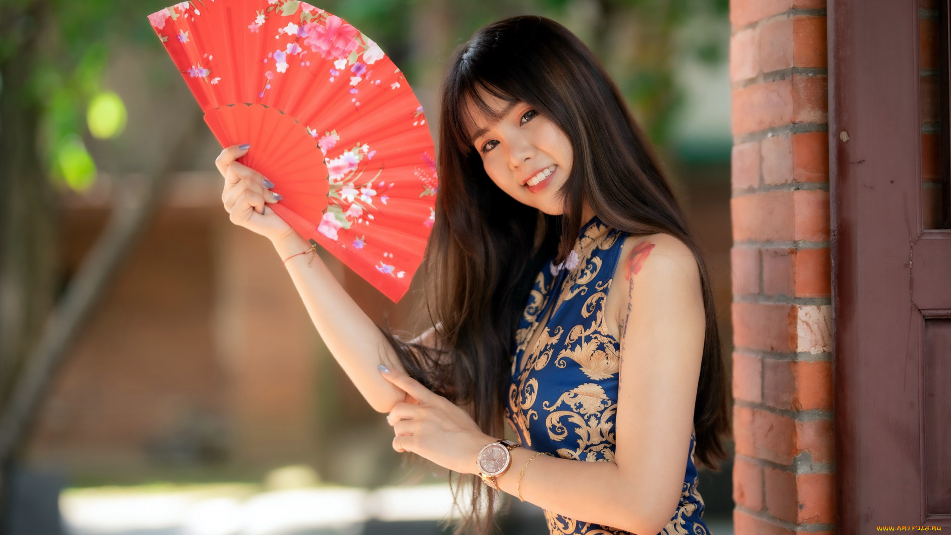 девушки, -, азиатки, часы, веер