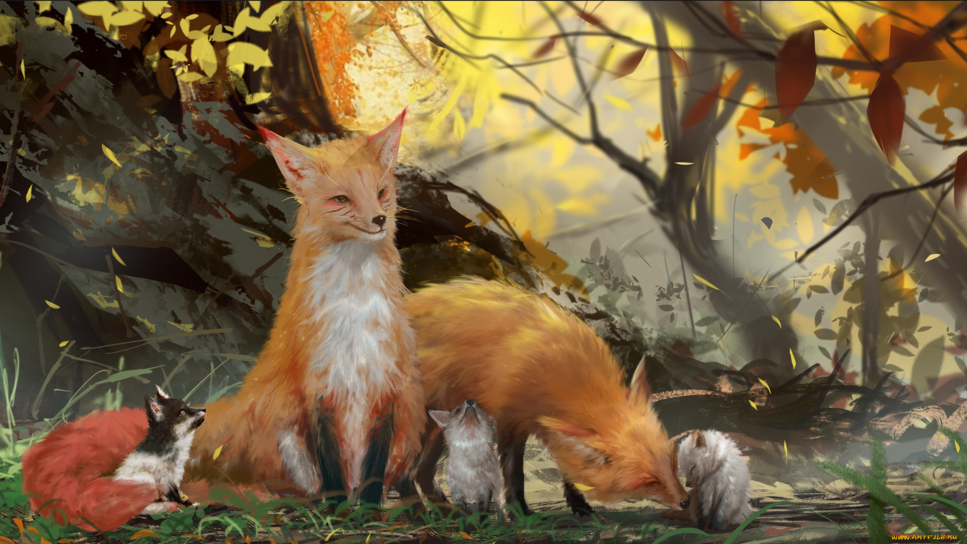 рисованное, животные, , лисы, семья, лисы