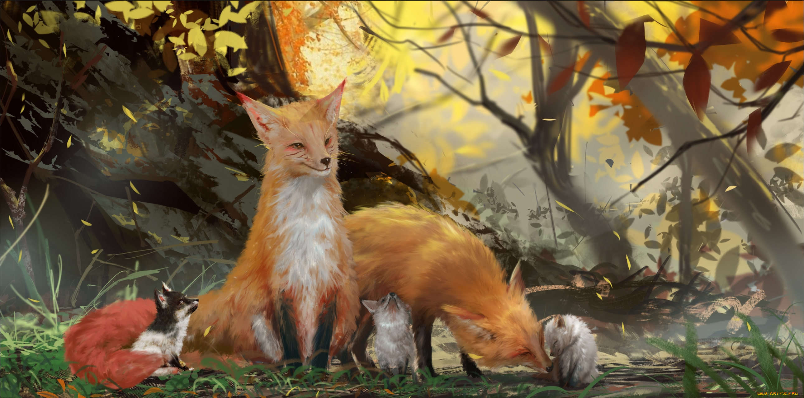 рисованное, животные, , лисы, семья, лисы